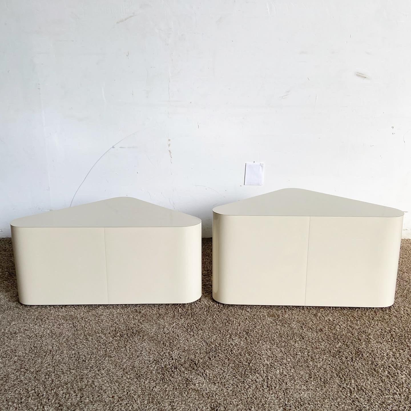 American Postmodern Cream Lacquer Laminate Triangular Nesting Side Tables For Sale