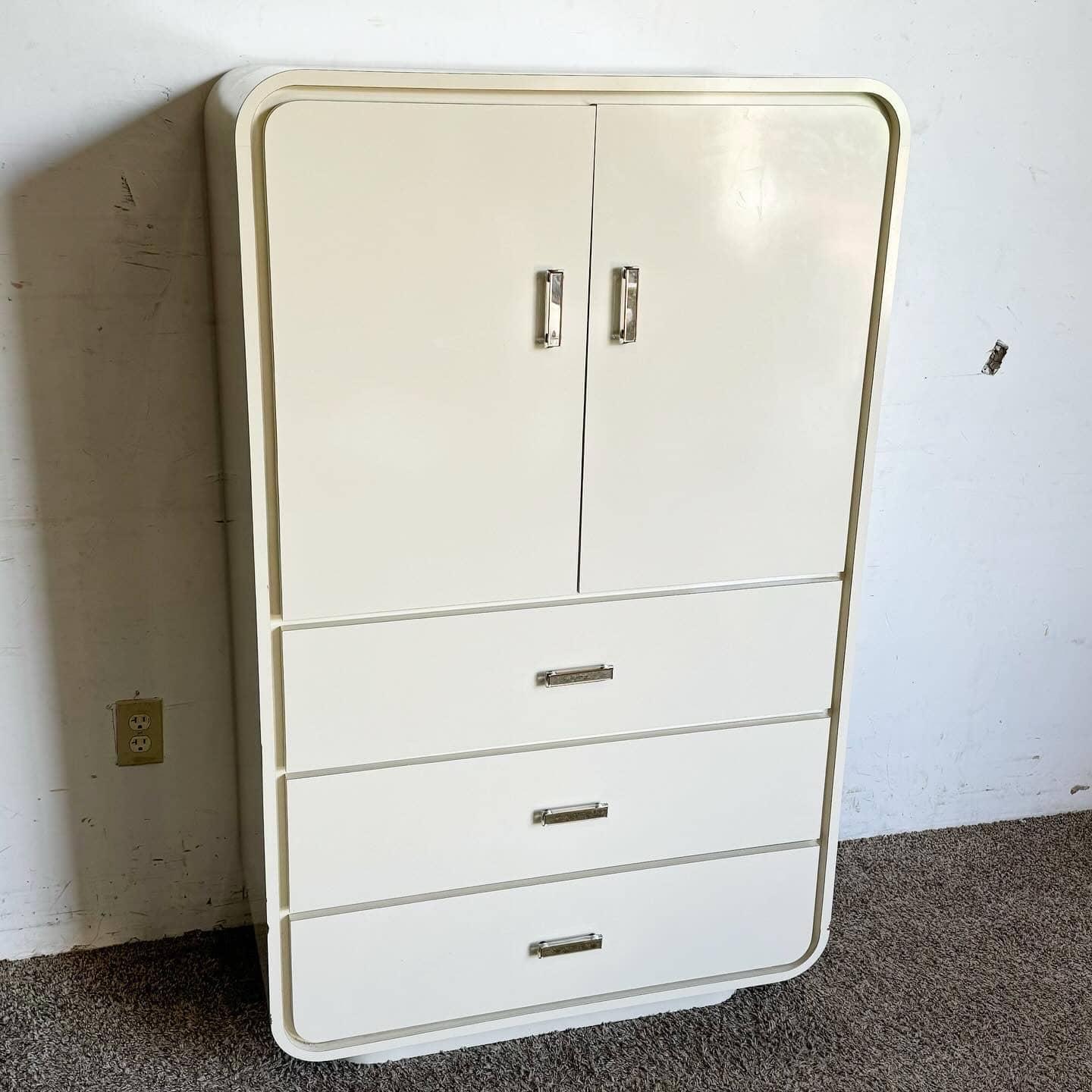 American Postmodern Cream Lacquer Laminate Waterfall Armoire