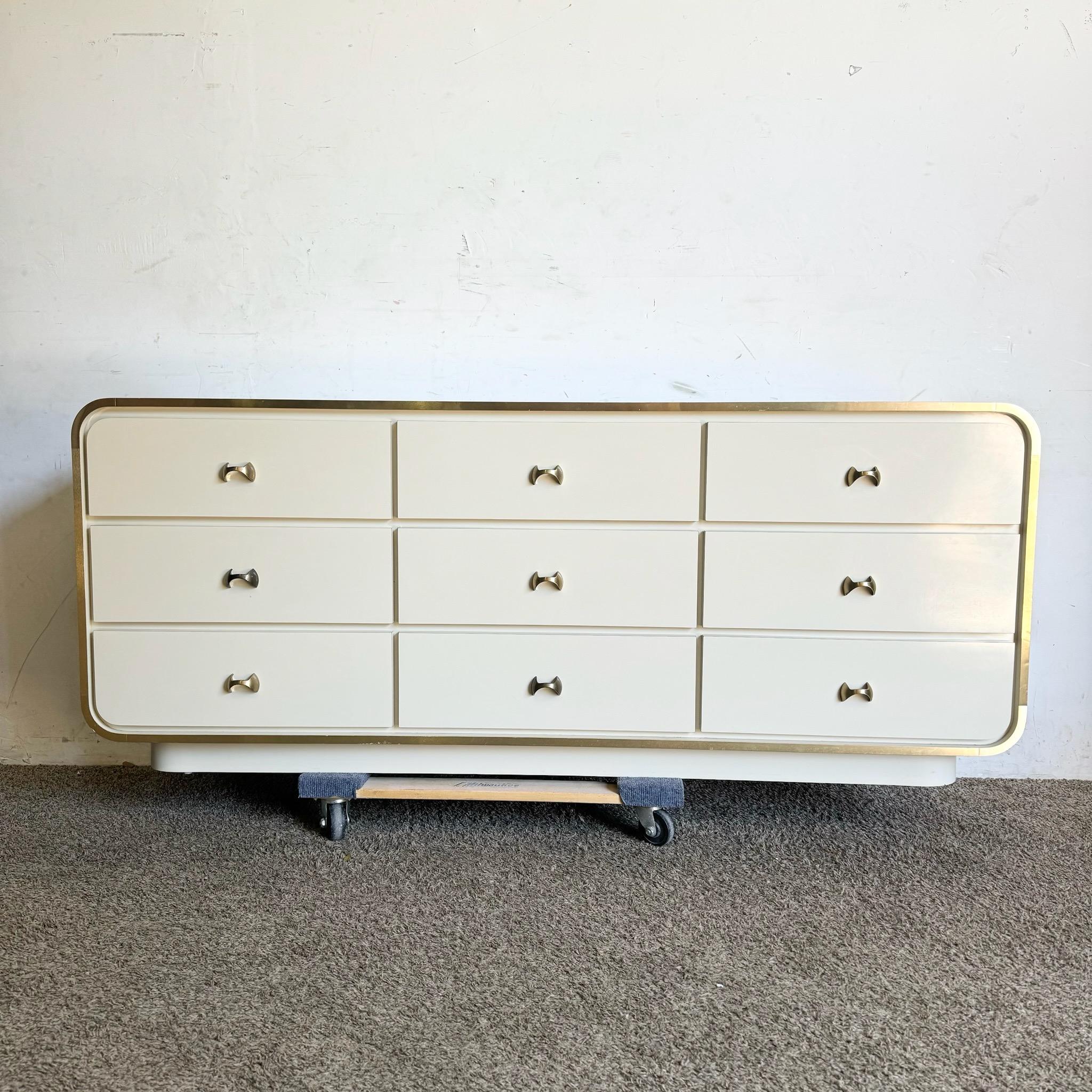 American Postmodern Cream Lacquer Laminate Waterfall Dresser With Gold Accents