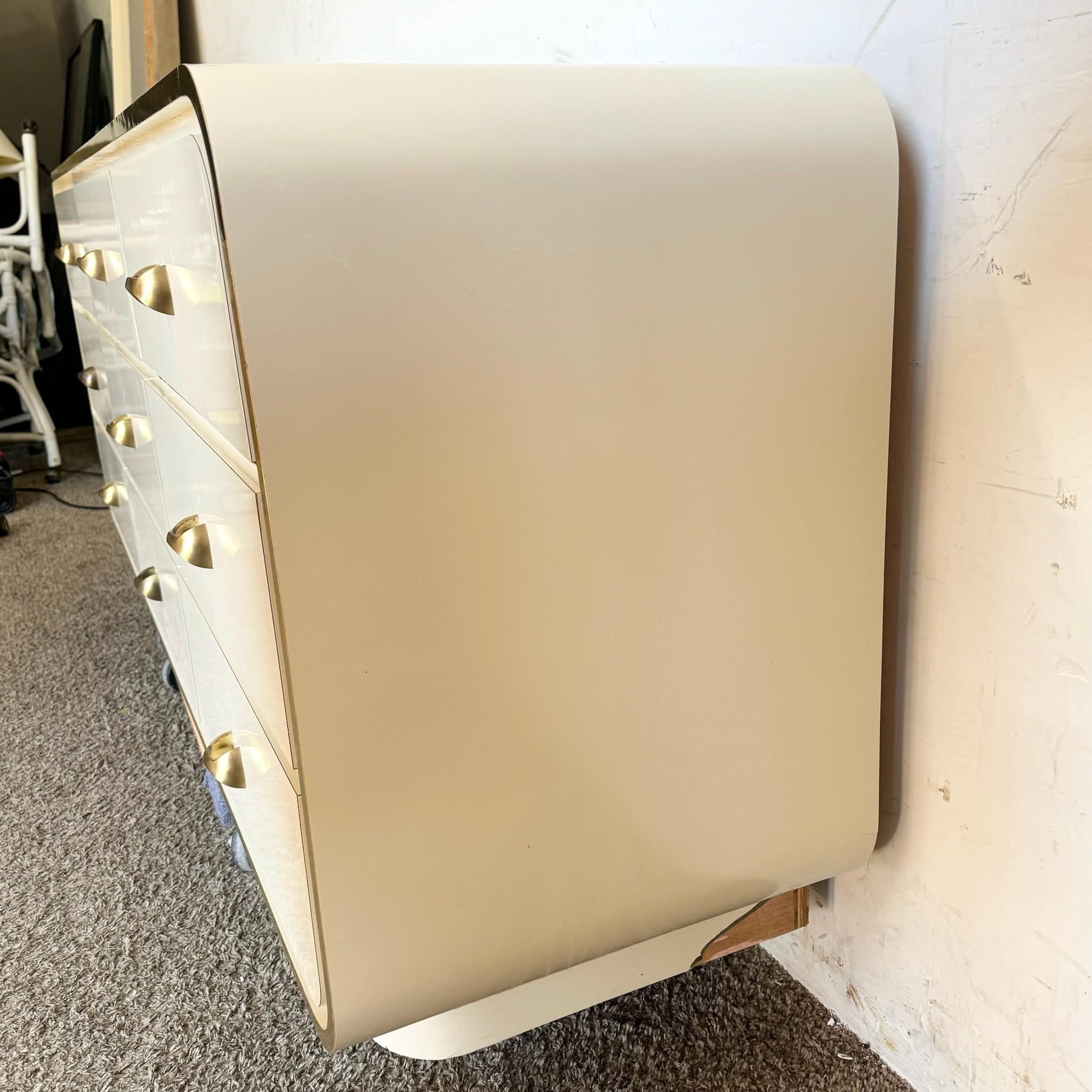 Wood Postmodern Cream Lacquer Laminate Waterfall Dresser With Gold Accents