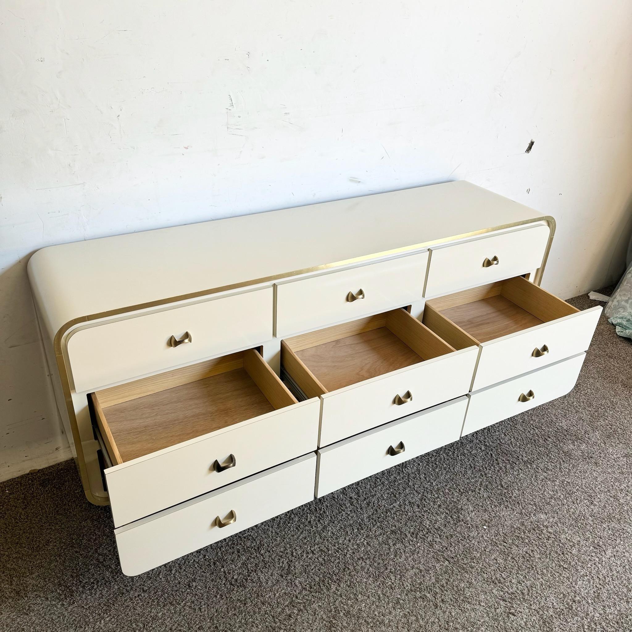 Postmodern Cream Lacquer Laminate Waterfall Dresser With Gold Accents 3