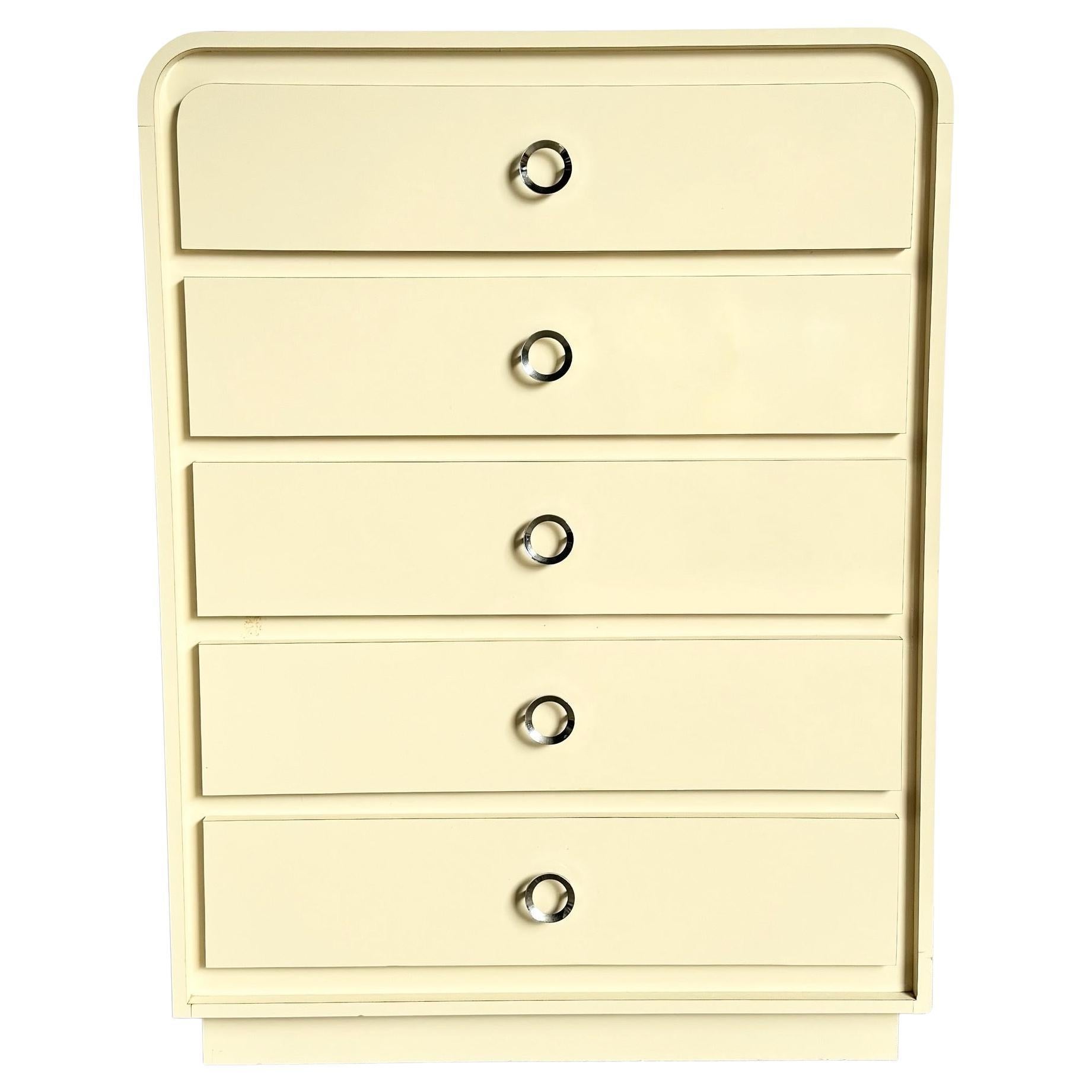 Postmodern Cream Lacquer Laminate Waterfall Highboy Dresser