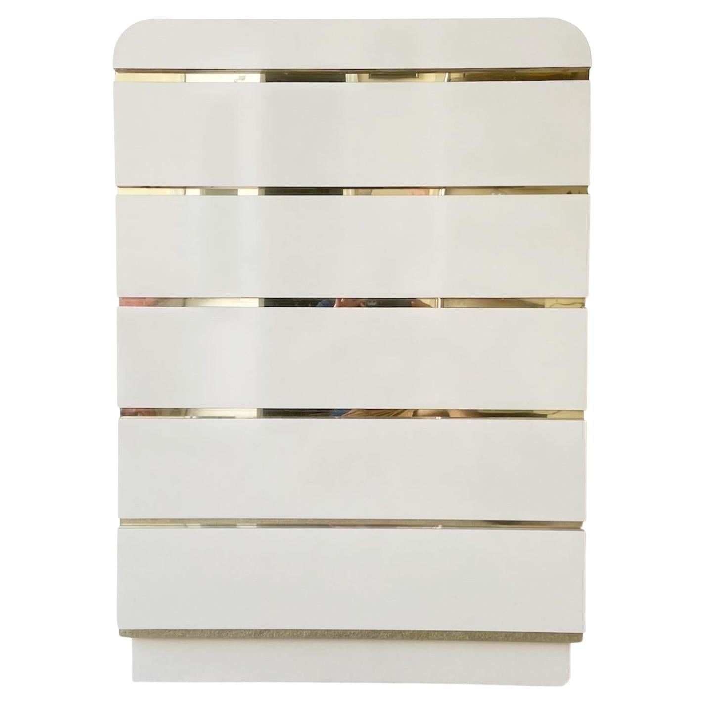 Postmodern Cream Lacquer Laminate Waterfall Highboy Dresser with Gold Trim