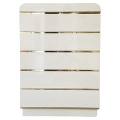 Postmodern Cream Lacquer Laminate Waterfall Highboy Dresser with Gold Trim