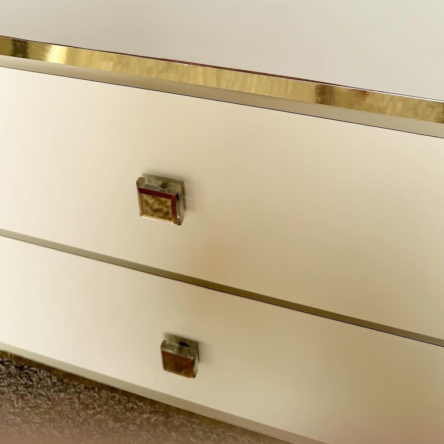 Postmodern Cream Lacquer Laminate Waterfall Nightstands With Gold Trim 3