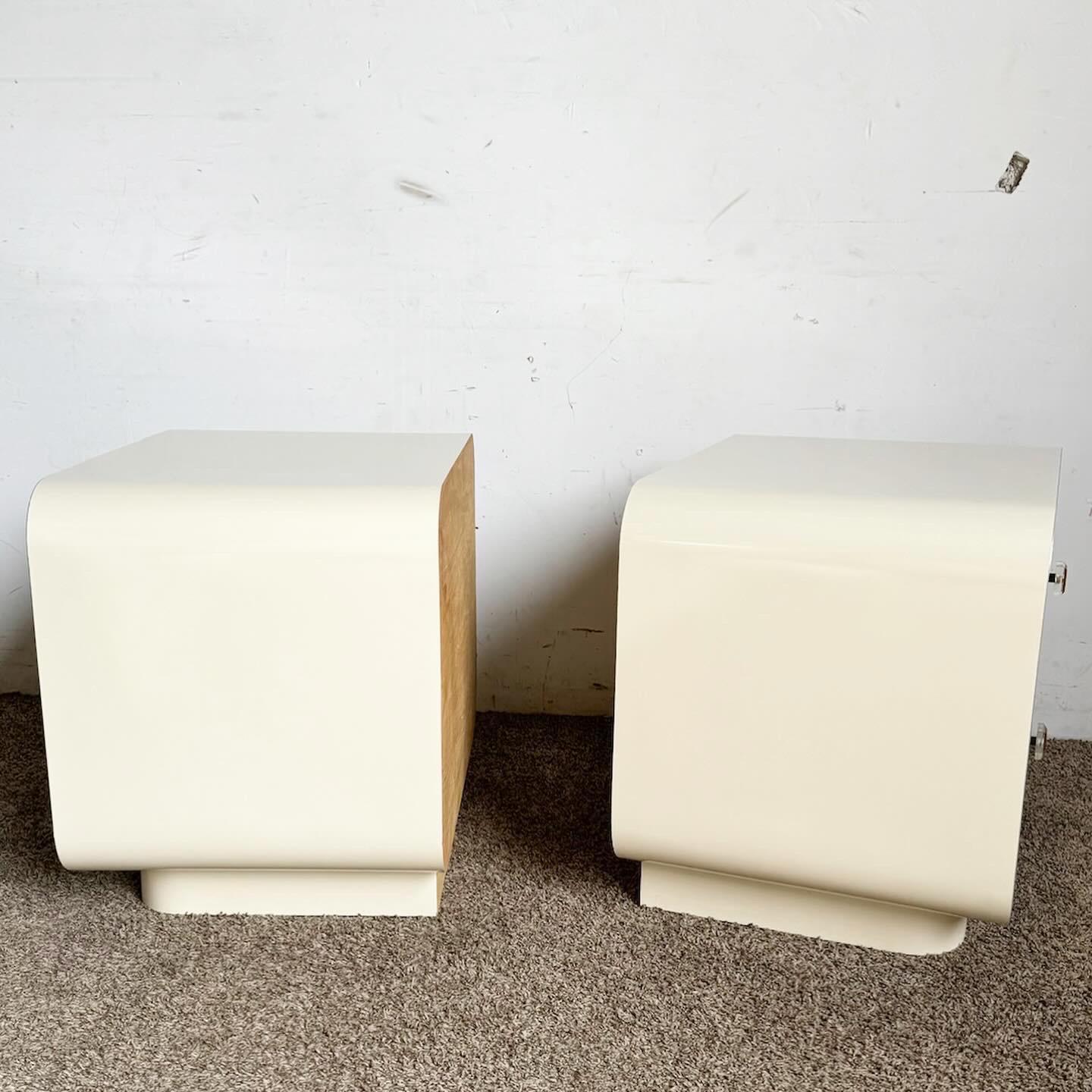 American Postmodern Cream Lacquer Laminate Waterfall Nightstands With Gold Trim