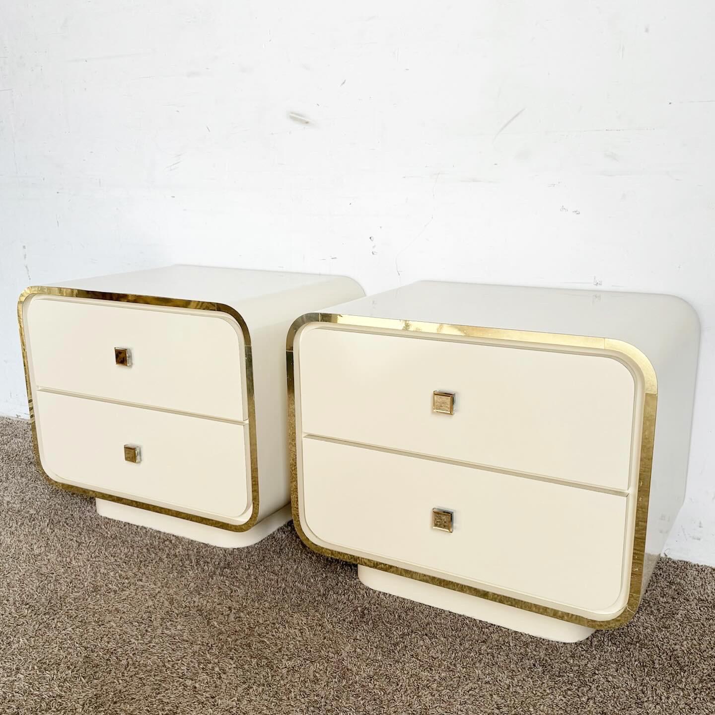 Postmodern Cream Lacquer Laminate Waterfall Nightstands With Gold Trim In Good Condition In Delray Beach, FL