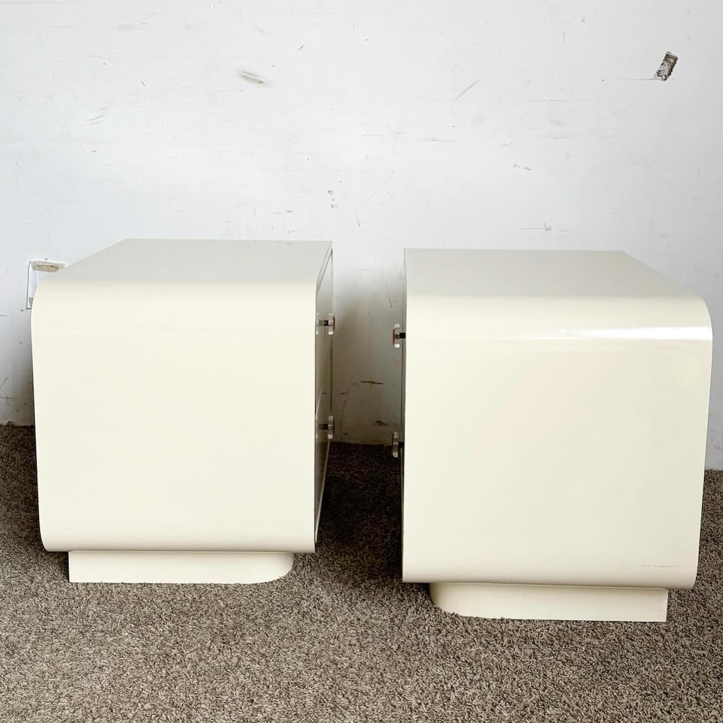 20th Century Postmodern Cream Lacquer Laminate Waterfall Nightstands With Gold Trim