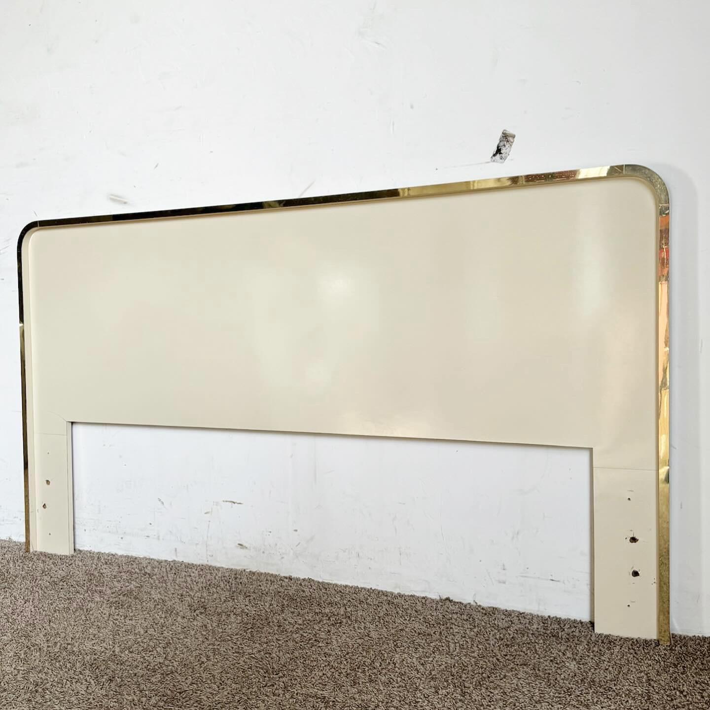 Wood Postmodern Cream Lacquer Laminate Waterfall Queen Headboard With Gold Trim For Sale