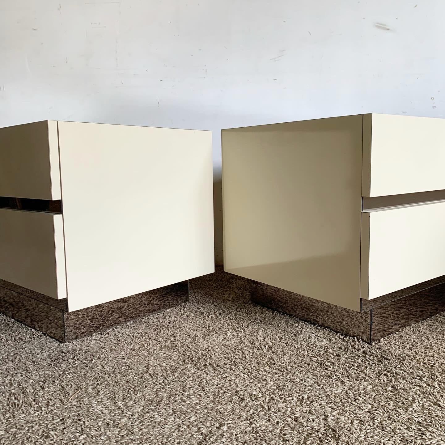 Late 20th Century Postmodern Cream Lacquer Laminate With Glass Mirror Paneling - a Pair For Sale