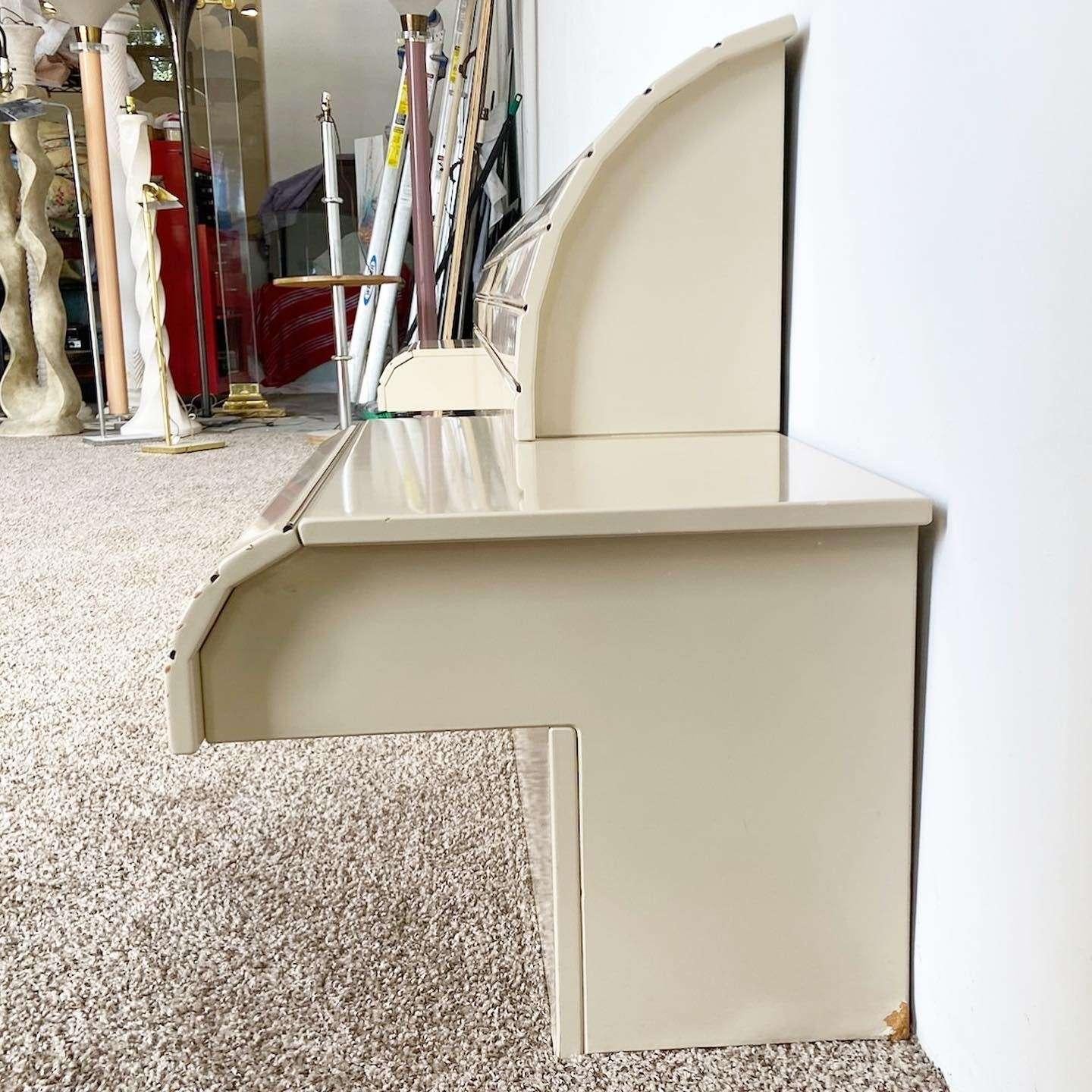 Postmodern Cream Lacquer Waterfall Headboard and Floating Nightstands by Rougier In Good Condition For Sale In Delray Beach, FL