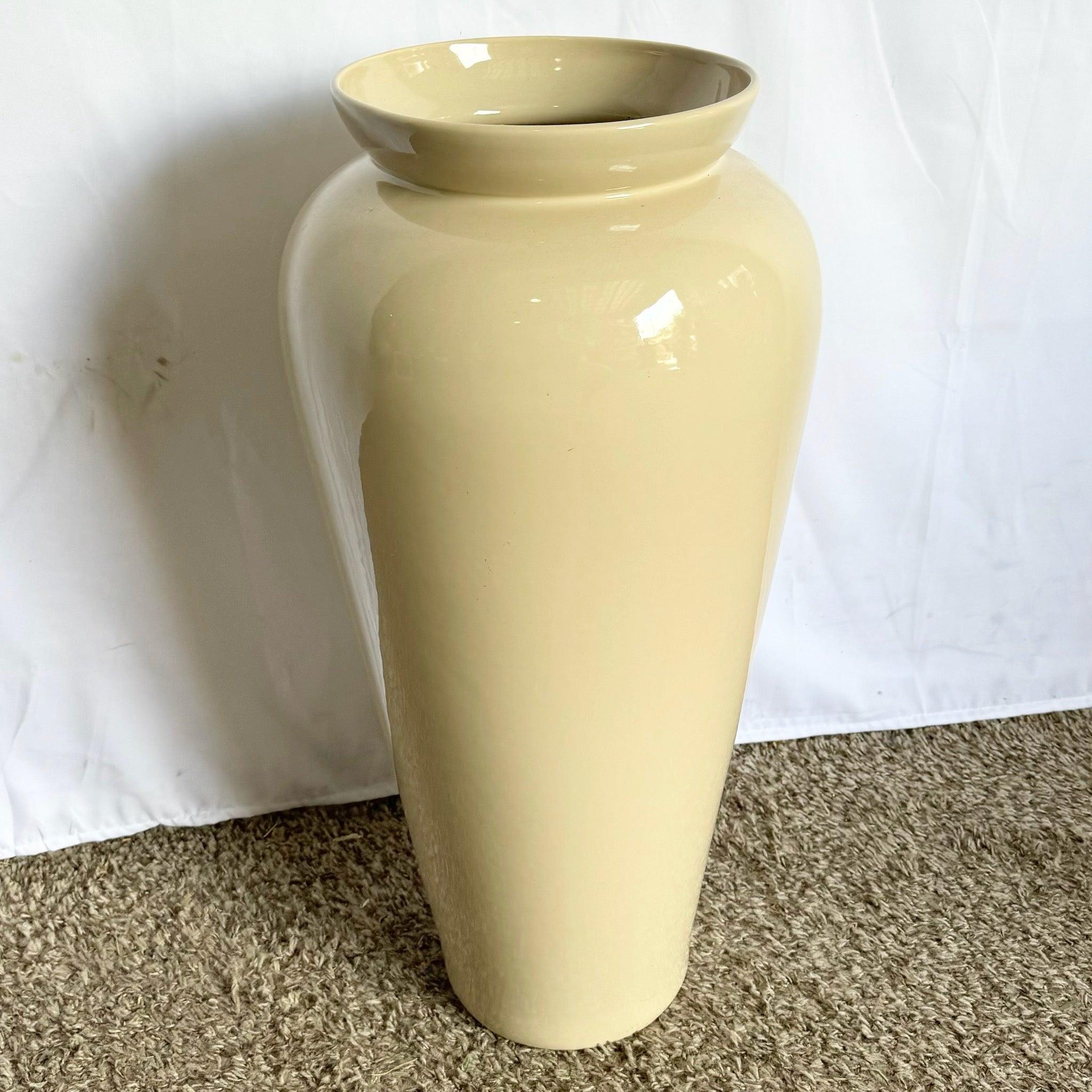 Postmodern Cream Lacquered Ceramic Floor Vase—sleek, sculptural design with 1980s Miami glam, perfect for vintage-inspired interiors.​
 
 We sell items as acquired, without restoring or repairing. Vintage pieces may have age-related wear. Review
