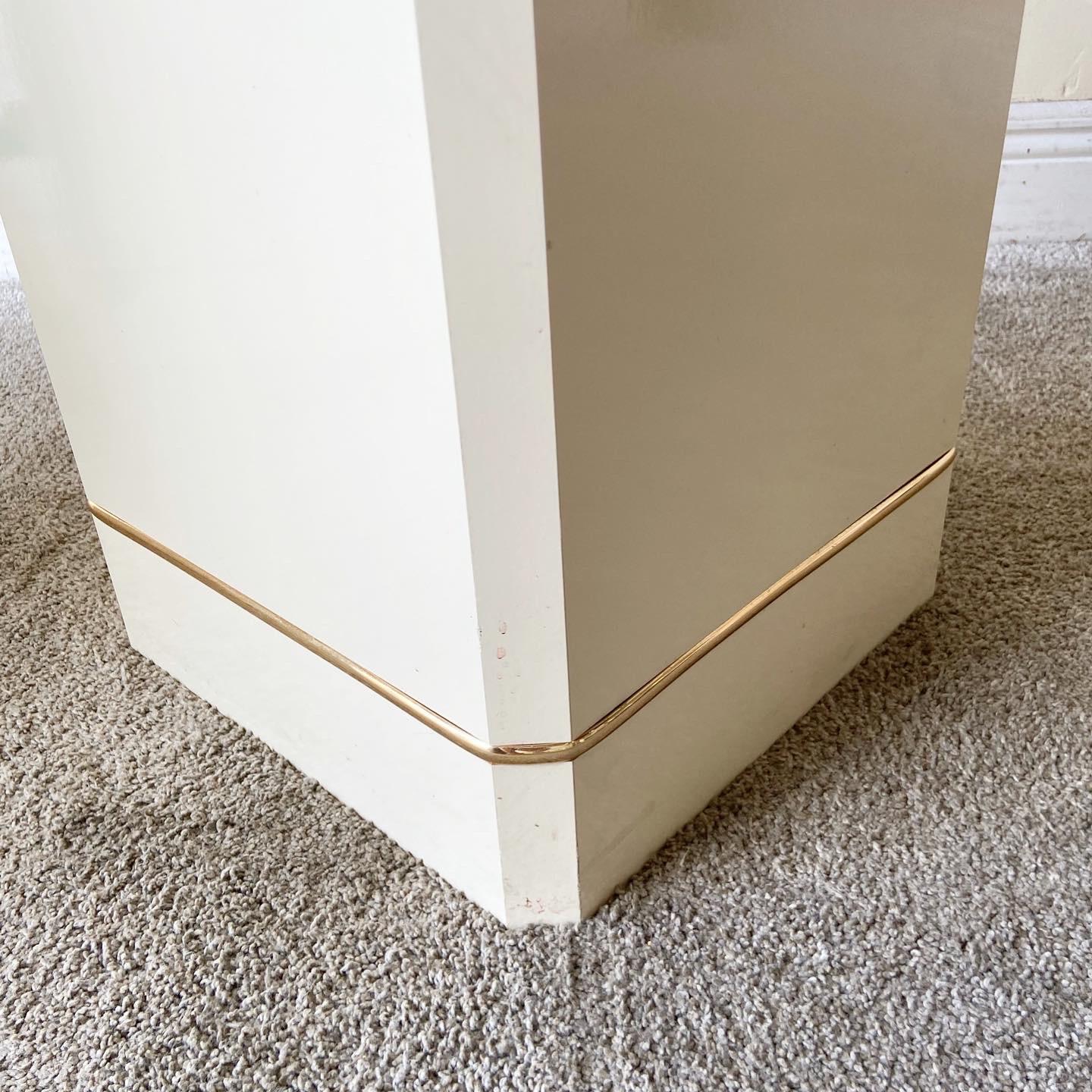 American Postmodern Cream Mirror Top Side Tables with Gold Trim, a Pair