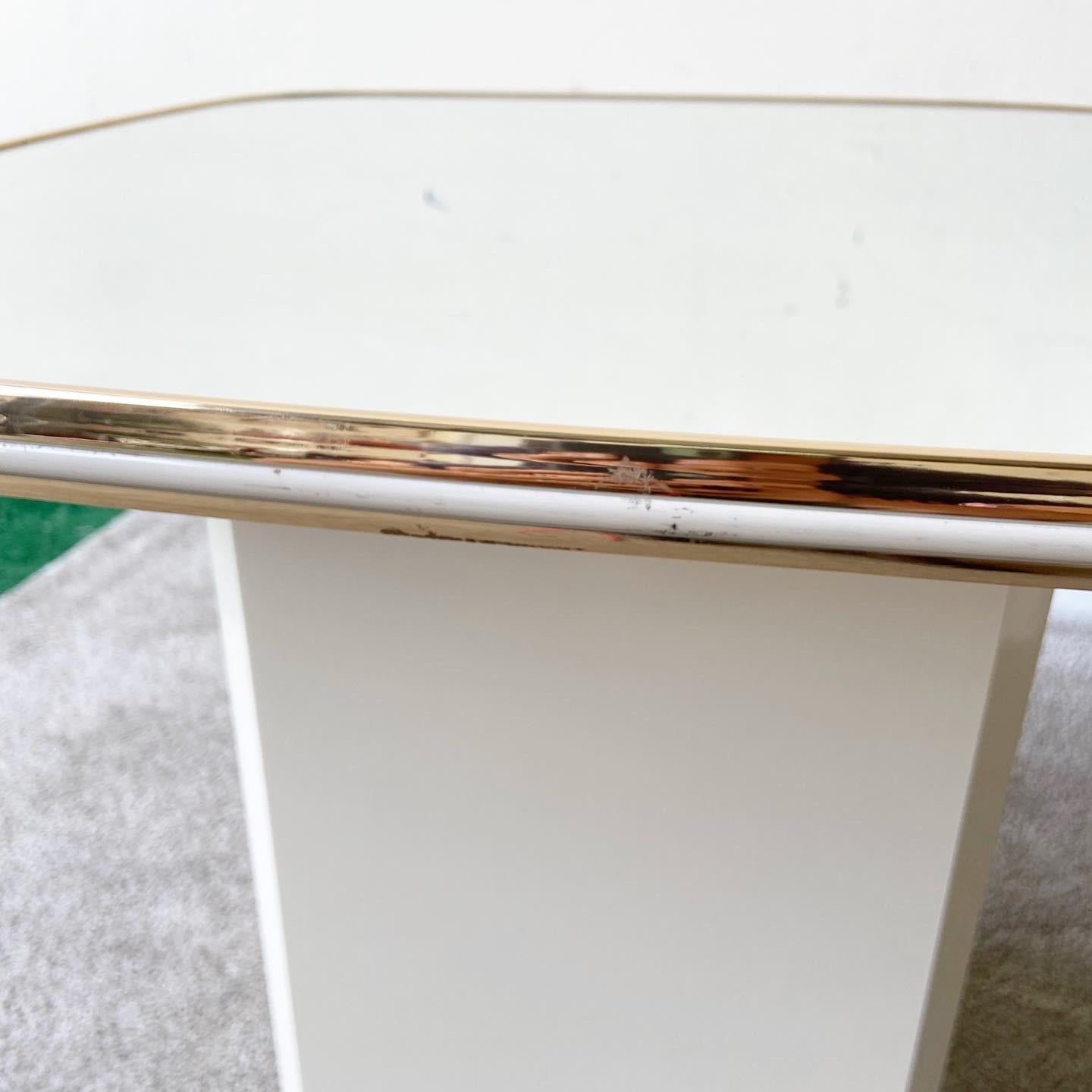 Late 20th Century Postmodern Cream Mirror Top Side Tables with Gold Trim, a Pair