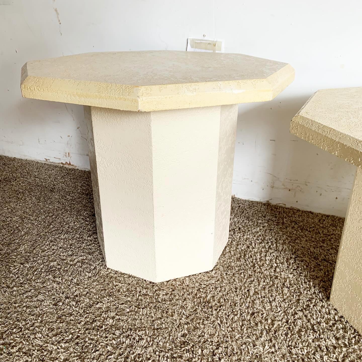 Postmodern Cream Octagonal Faux Stone Mushroom Nesting Tables - Set of 3 For Sale 3