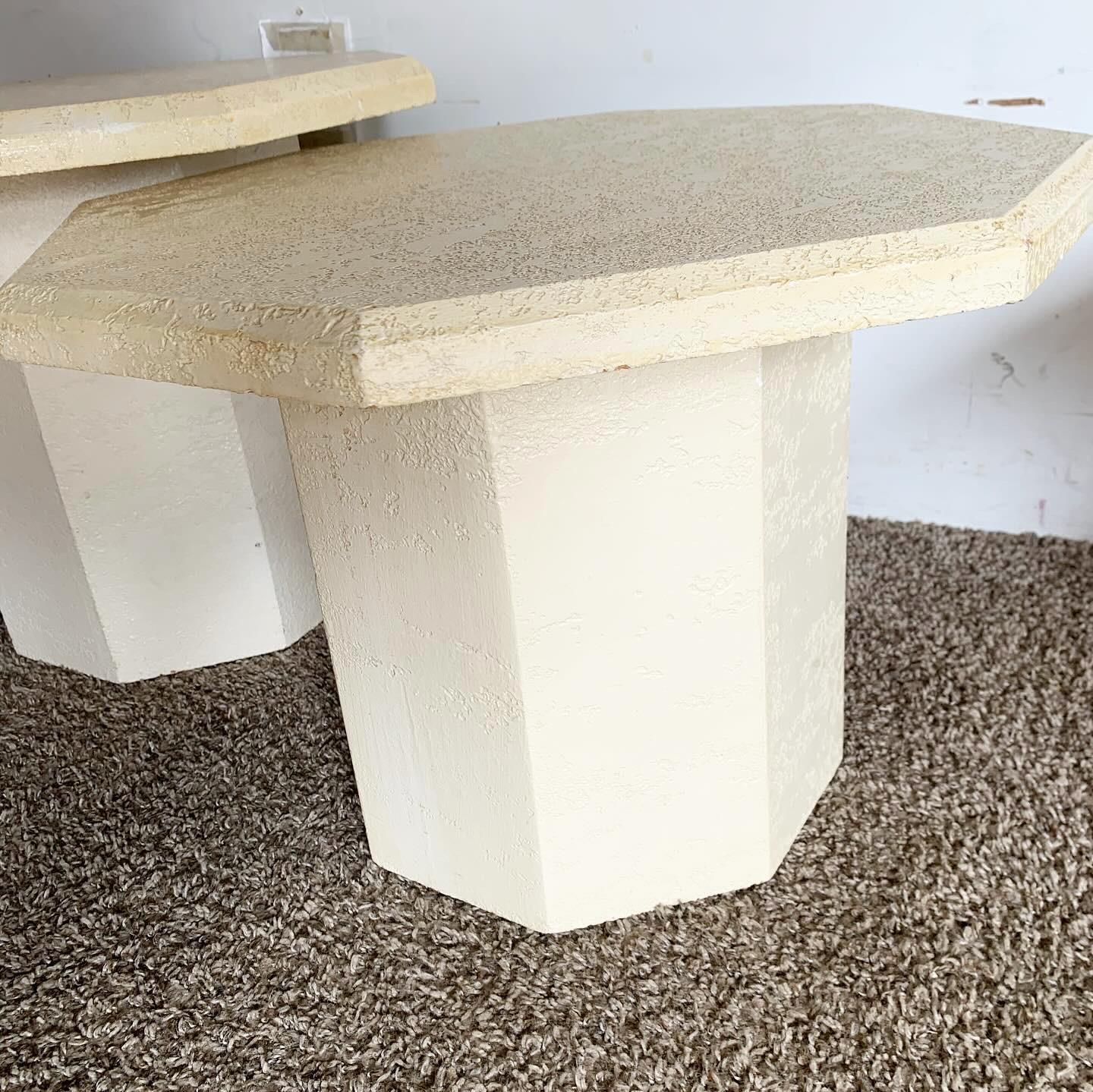 Post-Modern Postmodern Cream Octagonal Faux Stone Mushroom Nesting Tables - Set of 3 For Sale