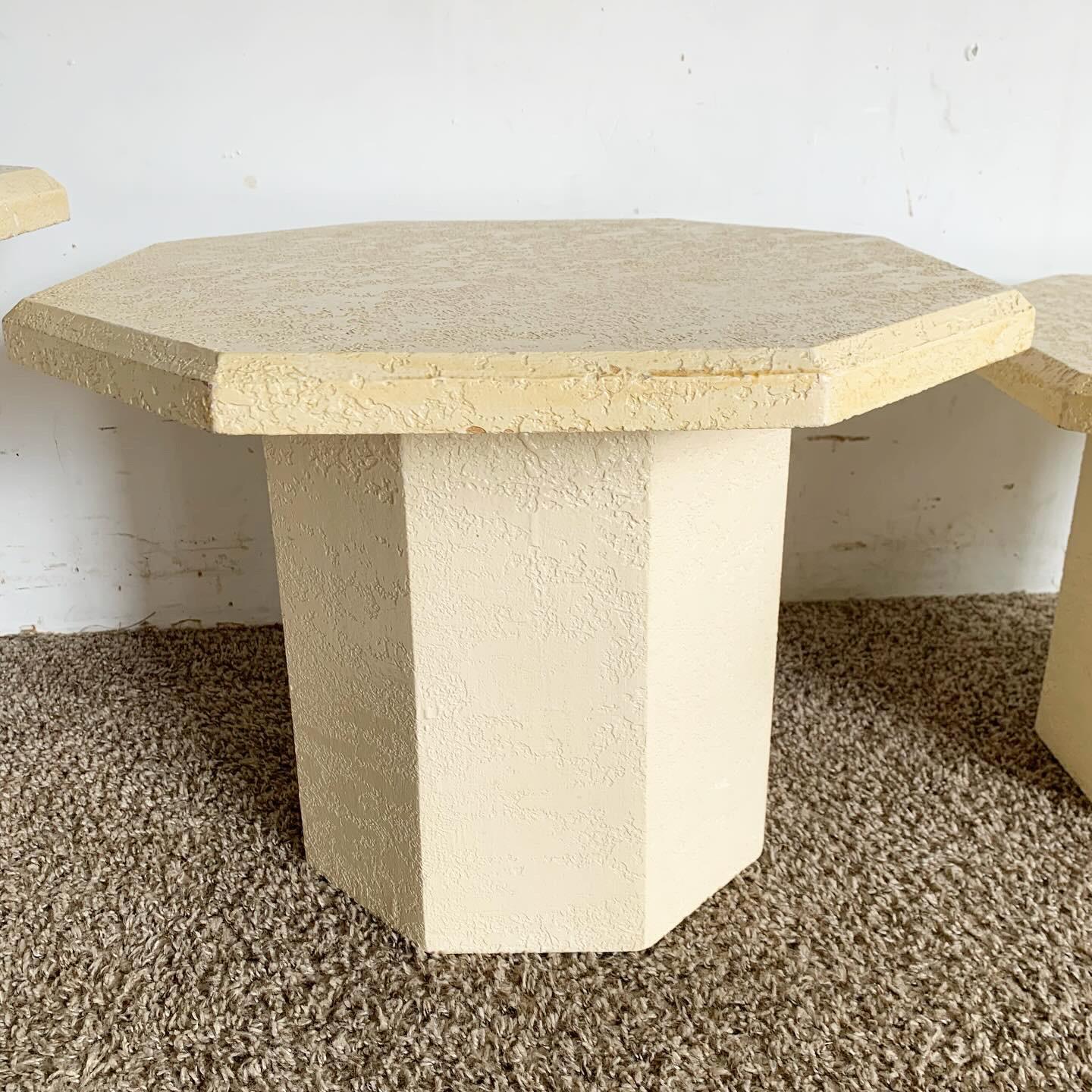 American Postmodern Cream Octagonal Faux Stone Mushroom Nesting Tables - Set of 3 For Sale