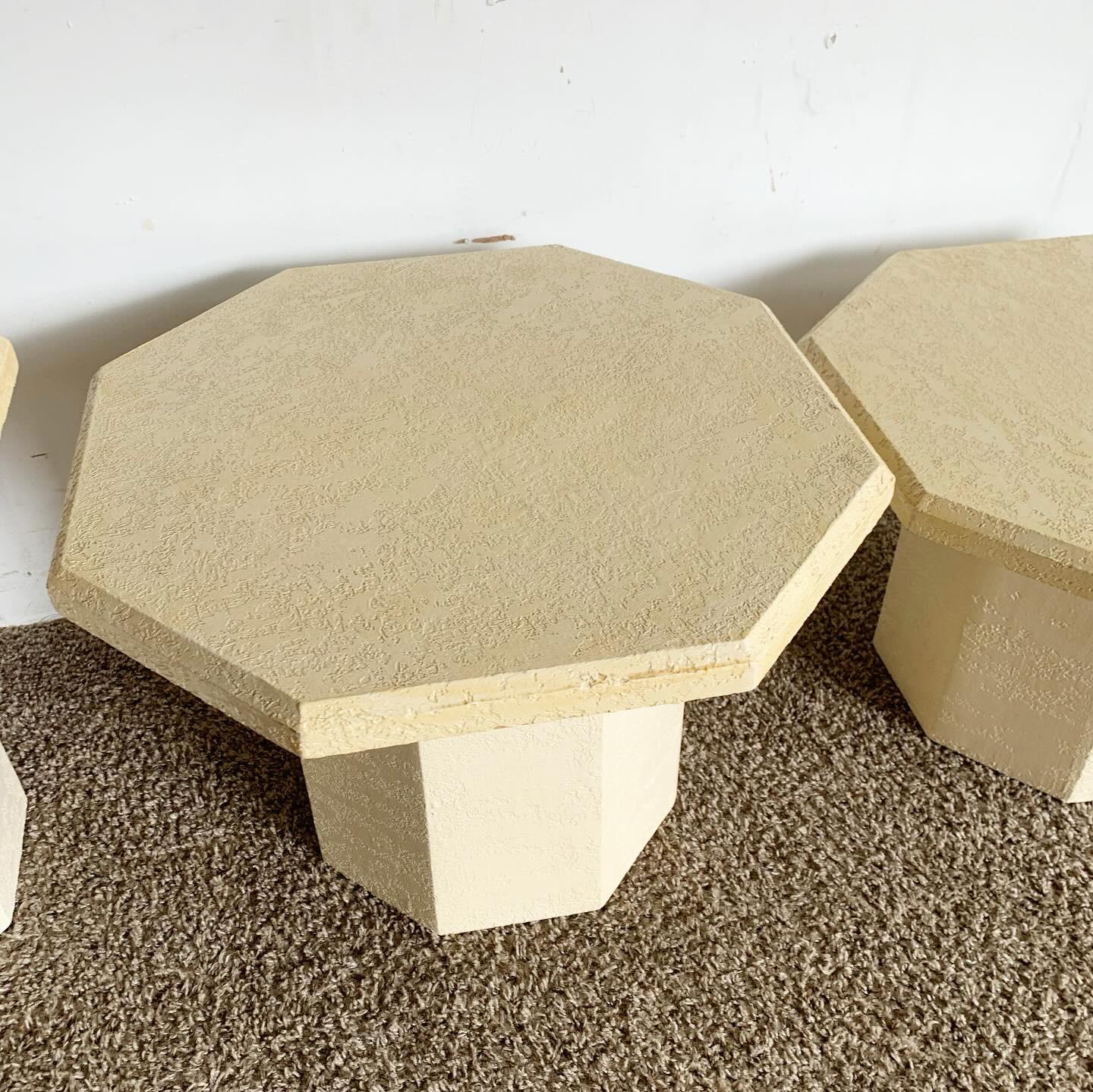 Wood Postmodern Cream Octagonal Faux Stone Mushroom Nesting Tables - Set of 3 For Sale