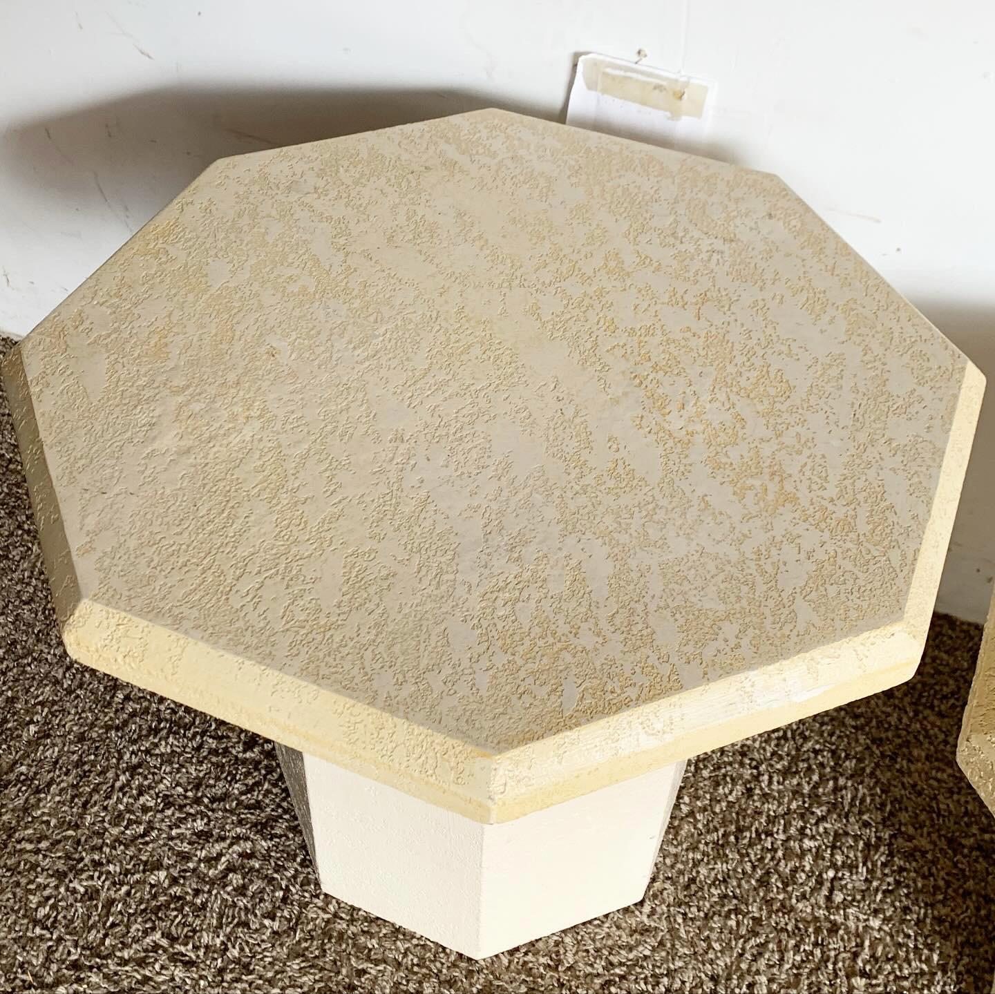 Postmodern Cream Octagonal Faux Stone Mushroom Nesting Tables - Set of 3 For Sale 1