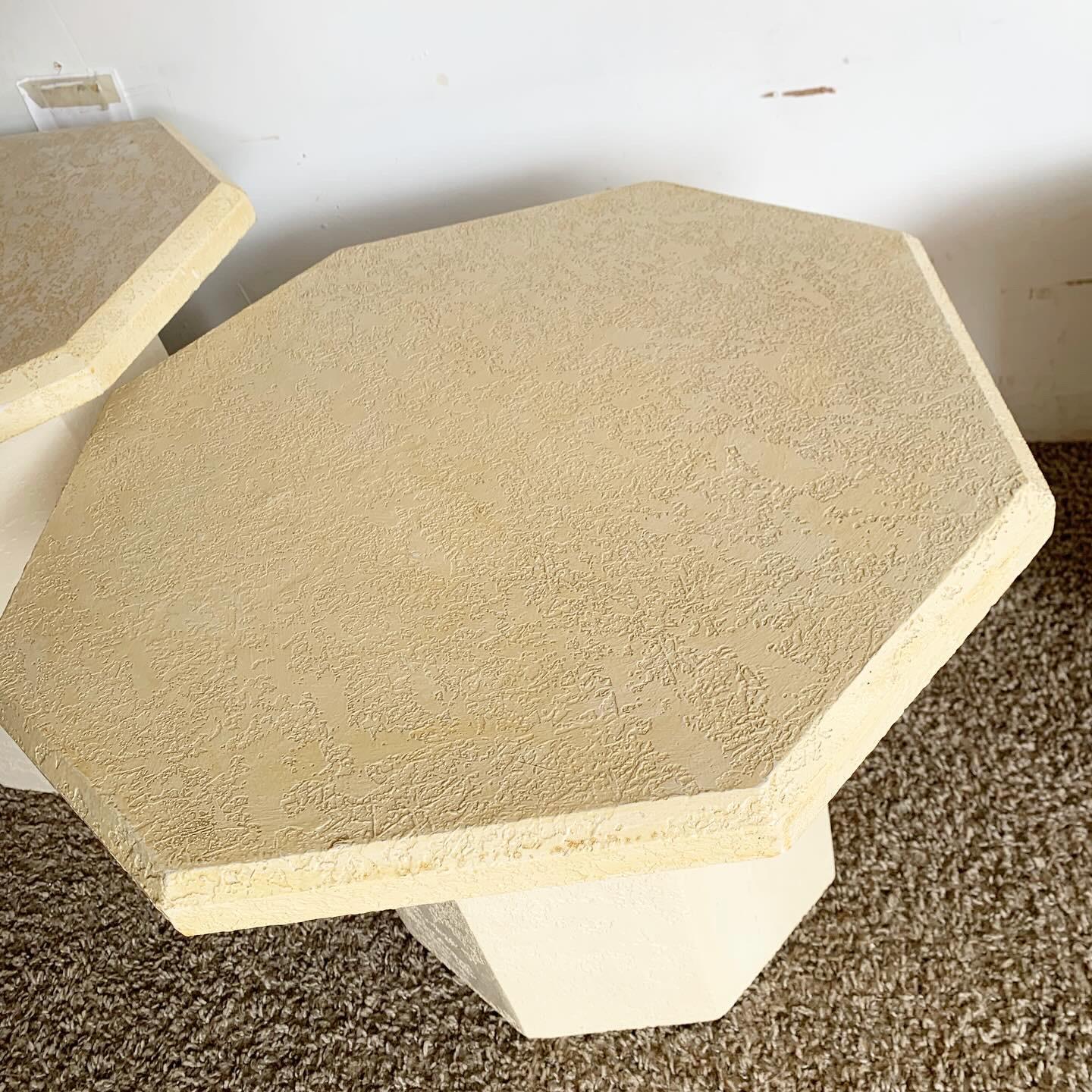Postmodern Cream Octagonal Faux Stone Mushroom Nesting Tables - Set of 3 For Sale 2