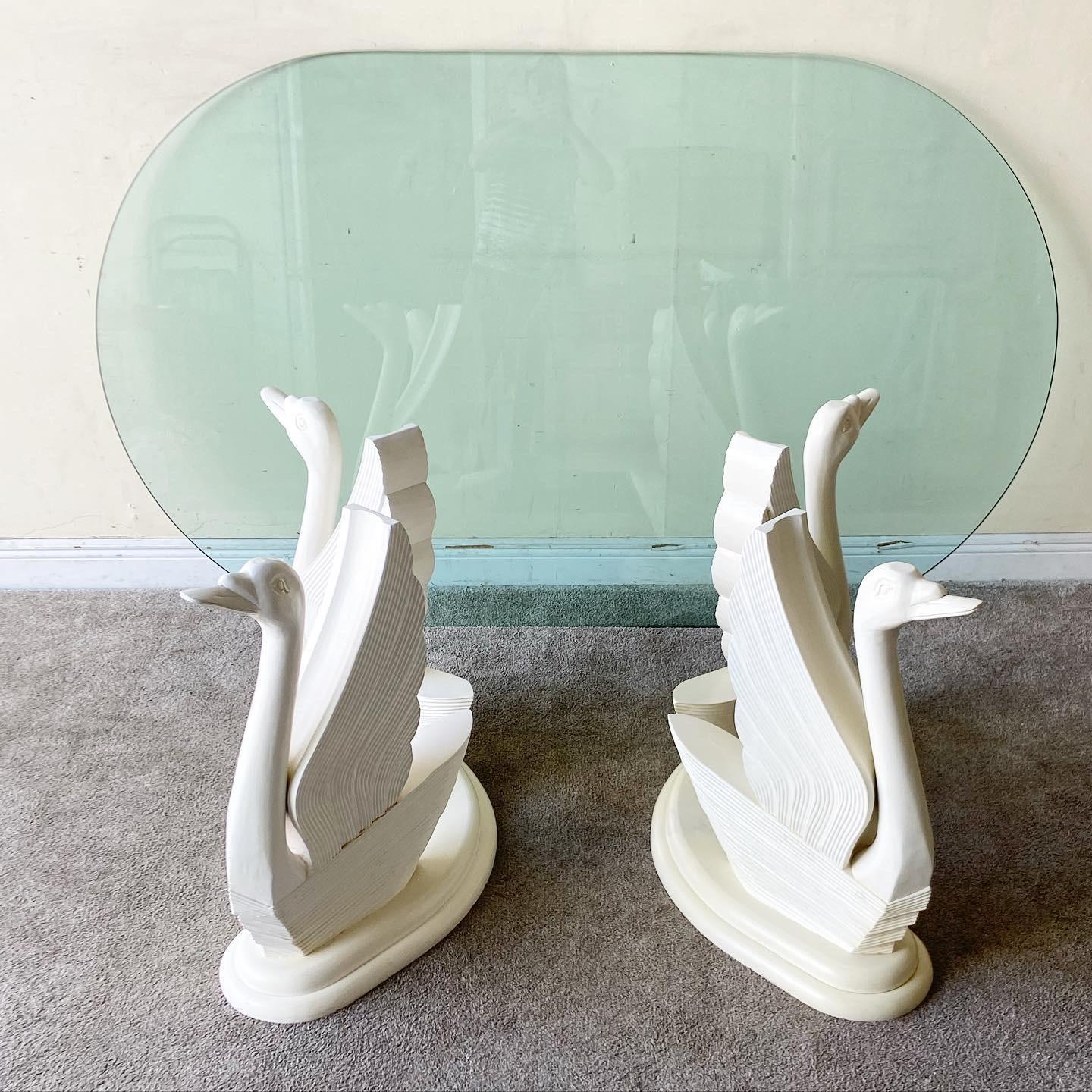 American Postmodern Cream Plaster Swan Glass Top Dining Table