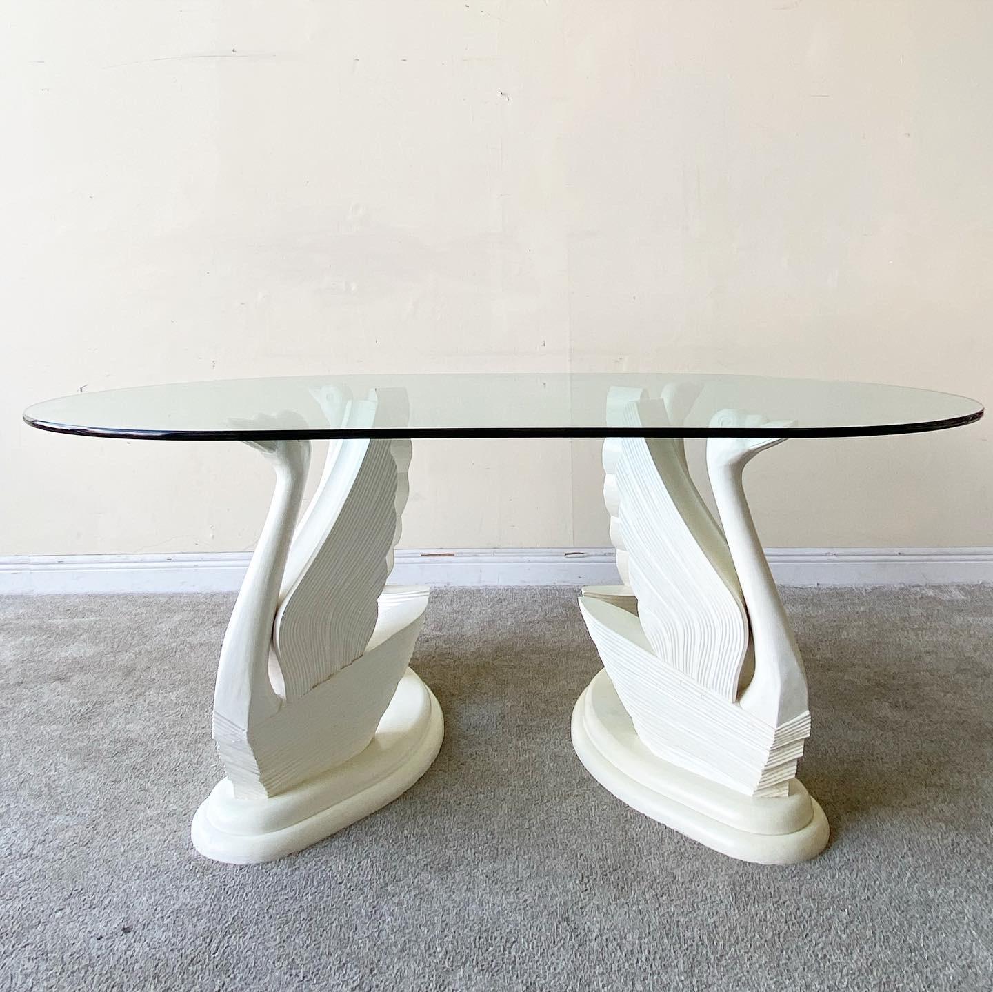 Postmodern Cream Plaster Swan Glass Top Dining Table In Good Condition In Delray Beach, FL