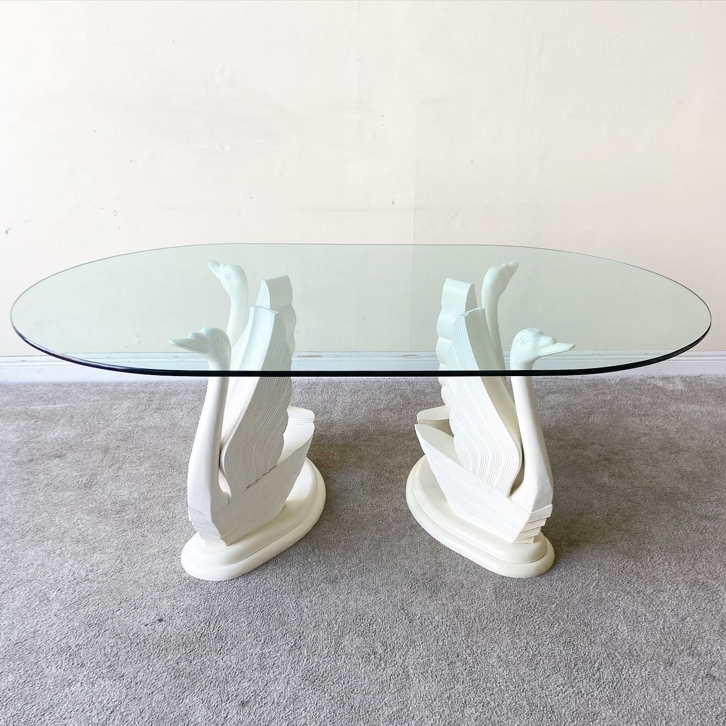 Late 20th Century Postmodern Cream Plaster Swan Glass Top Dining Table