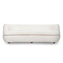 Postmodern Curved Back Sofa in White Textured Linen with Custom Frayed Trim