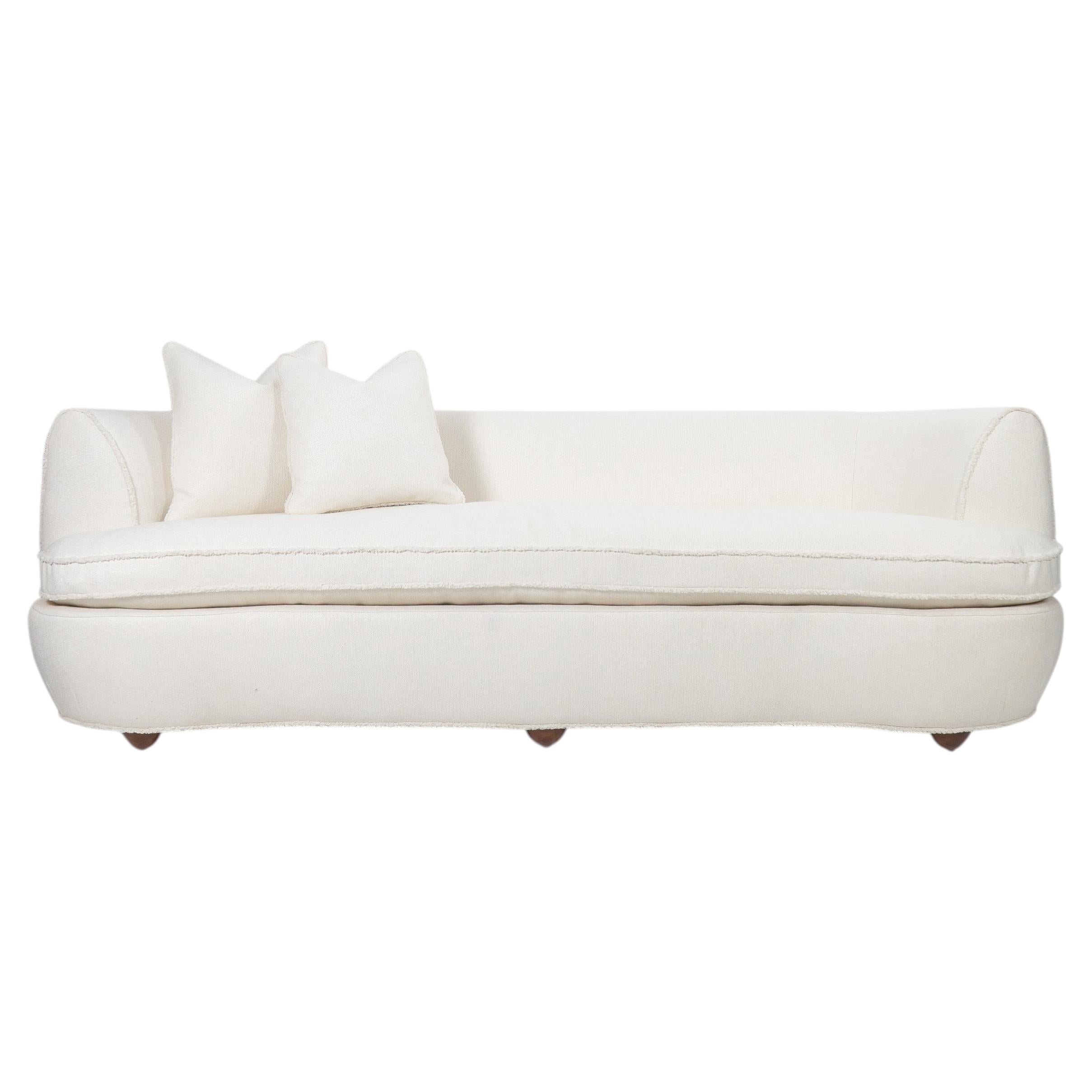 Postmodern Curved Back Sofa in White Textured Linen with Custom Frayed Trim For Sale
