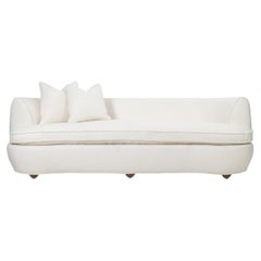 Postmodern Curved Back Sofa in White Textured Linen with Custom Frayed Trim
