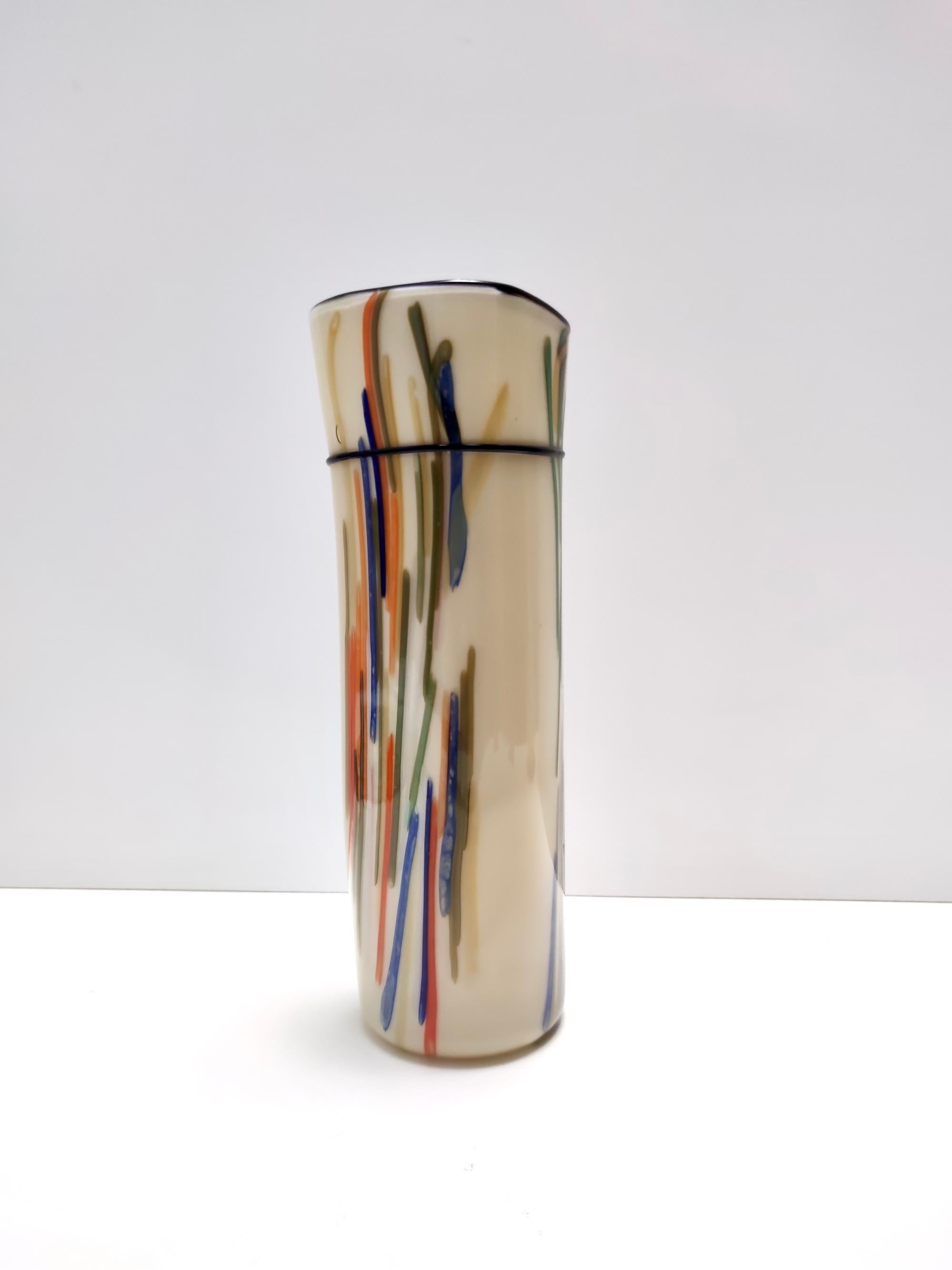 Late 20th Century Postmodern Cylindric Encased and Hand-blown Opaline Glass Vase, Italy For Sale