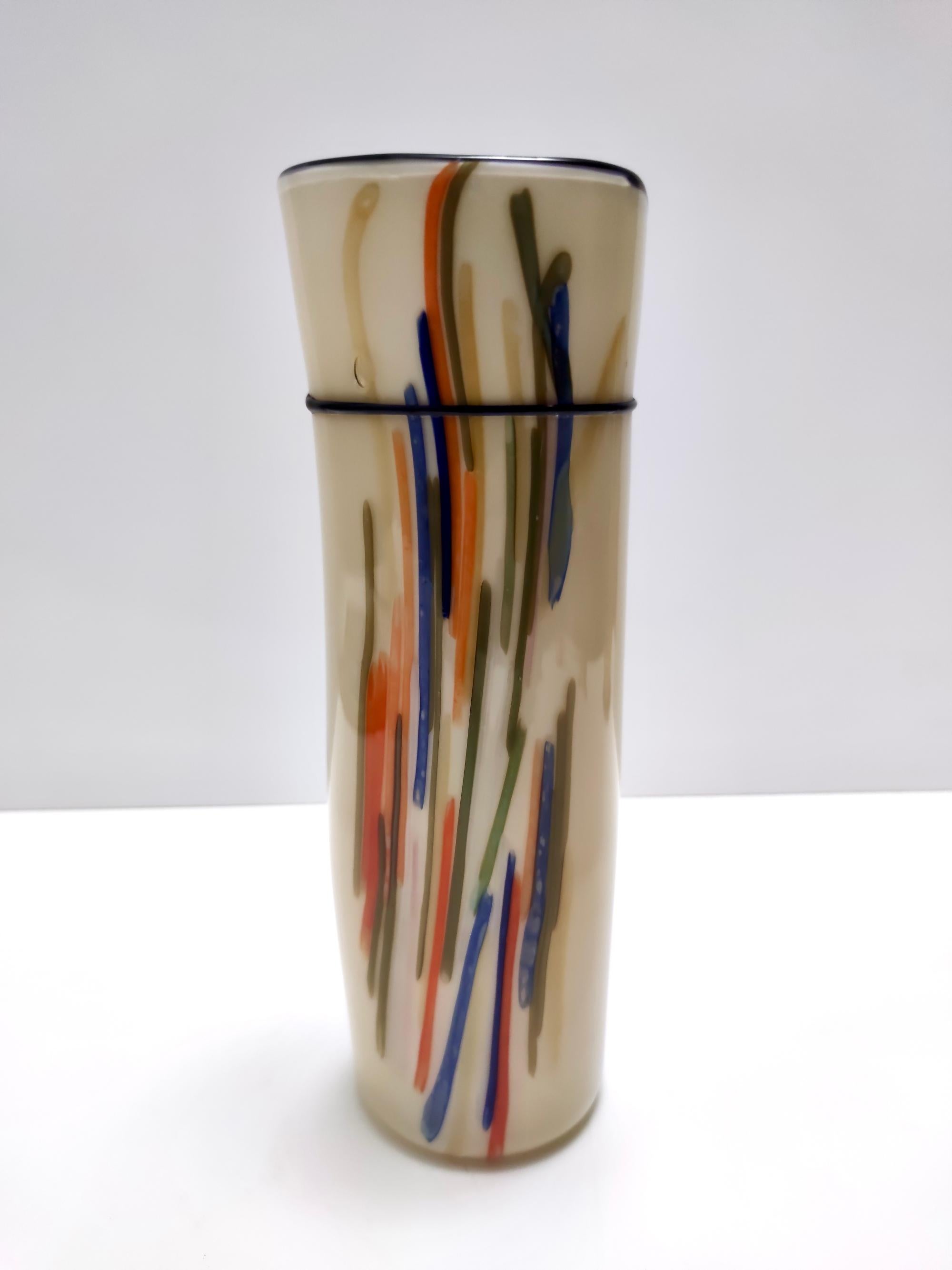 Murano Glass Postmodern Cylindric Encased and Hand-blown Opaline Glass Vase, Italy For Sale