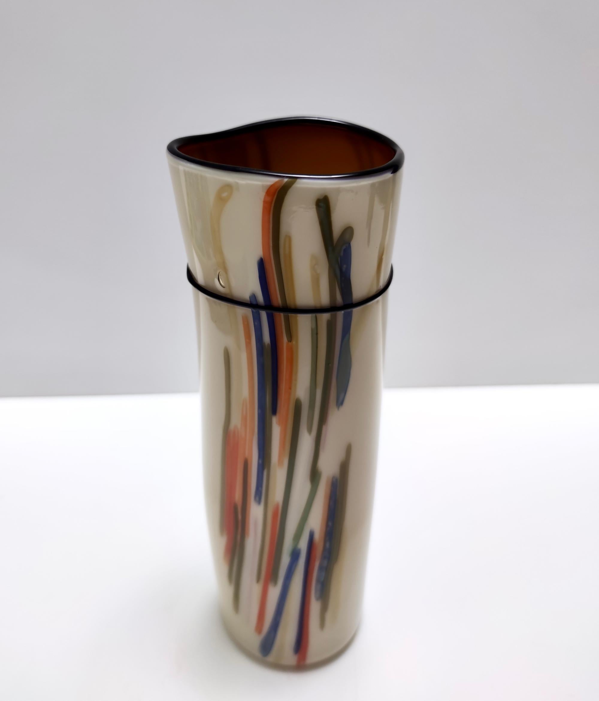 Postmodern Cylindric Encased and Hand-blown Opaline Glass Vase, Italy For Sale 1