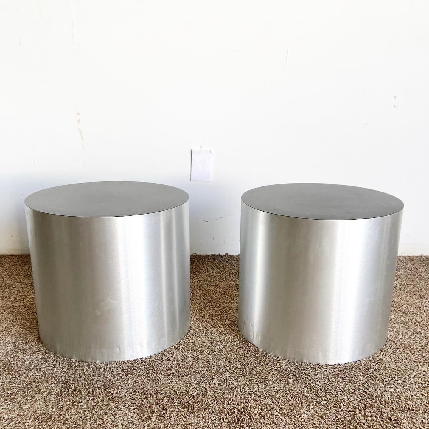 Postmodern Cylindrical Brushed Steel Laminate and Black Side Tables, a Pair For Sale 3