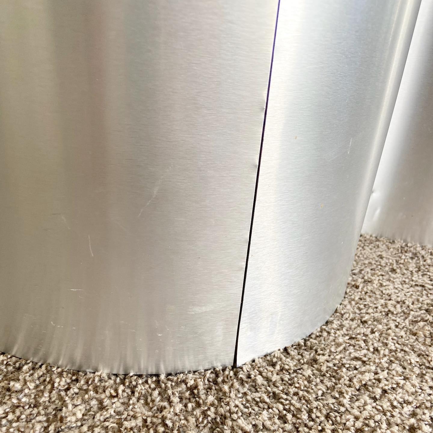 Post-Modern Postmodern Cylindrical Brushed Steel Laminate and Black Side Tables, a Pair For Sale