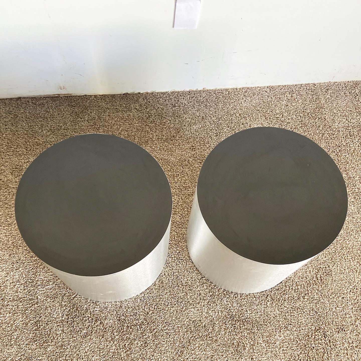 Postmodern Cylindrical Brushed Steel Laminate and Black Side Tables, a Pair For Sale 1