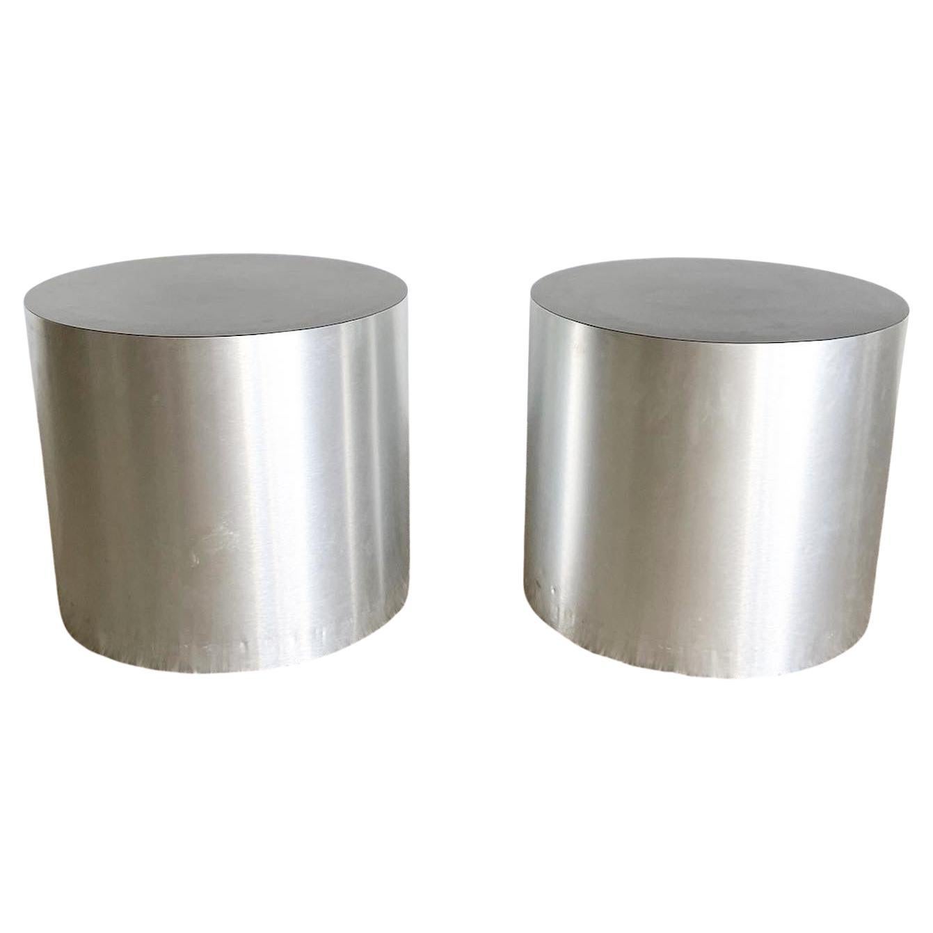 Postmodern Cylindrical Brushed Steel Laminate and Black Side Tables, a Pair For Sale