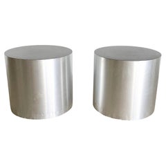 Vintage Postmodern Cylindrical Brushed Steel Laminate and Black Side Tables, a Pair