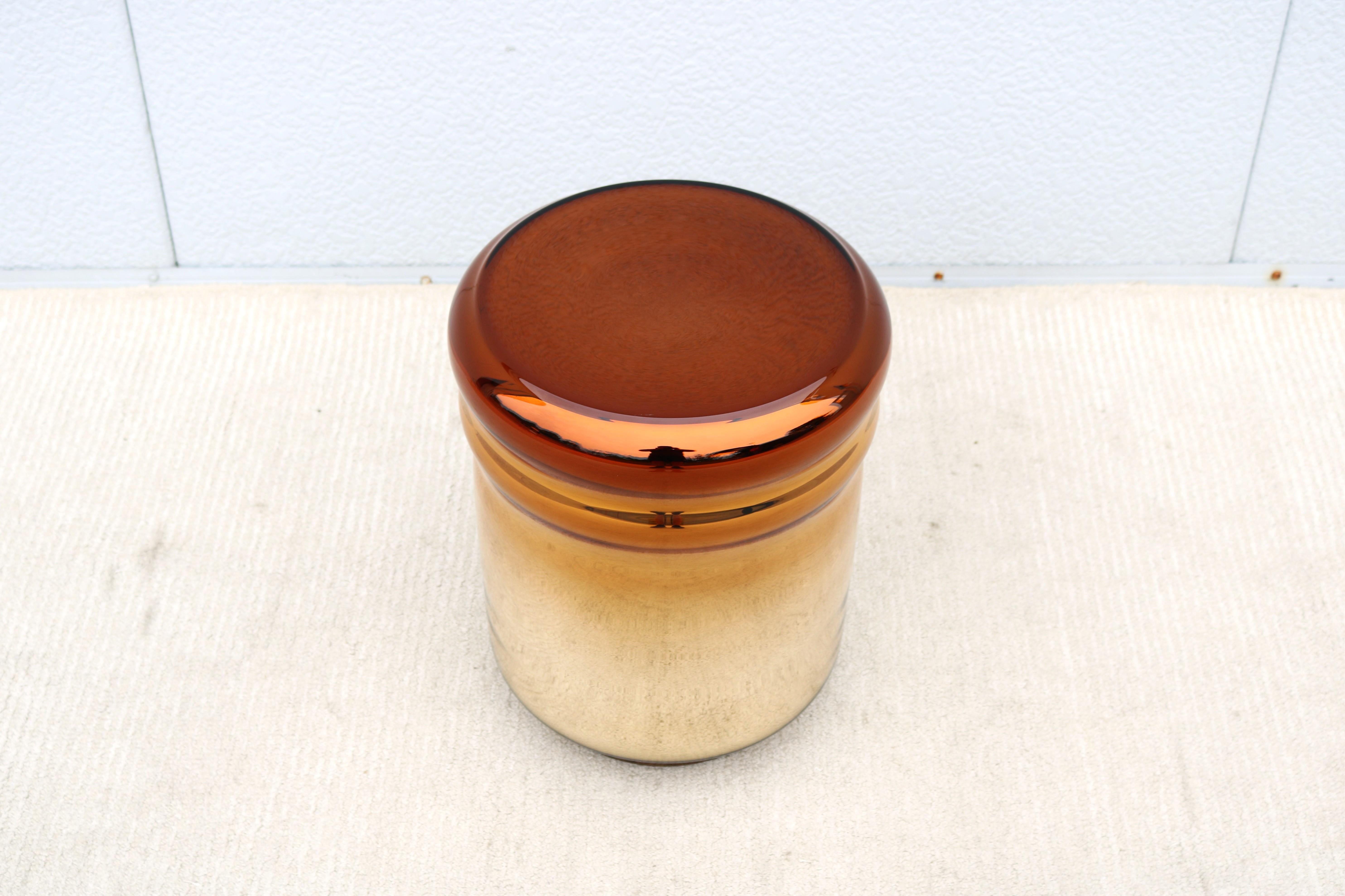 Stunning Wave stool designed by Dan Yeffet and Lucie Koldova for Haymann Editions.
A hand blown internally colored glass structure highly crafted by Bohemian masters, pushing the limits of glass.
Features a unique glass color that starts brown on