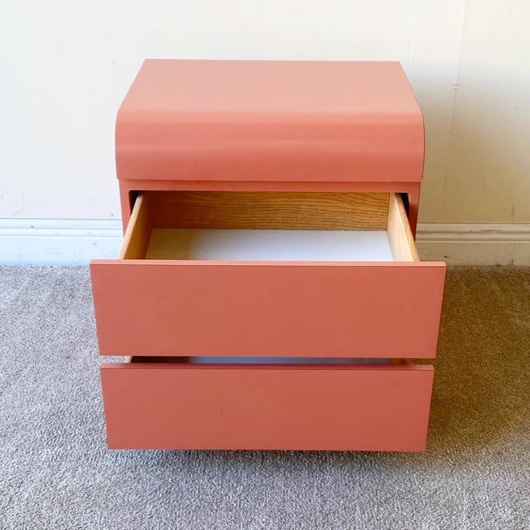 Postmodern Dark Hot Pink Laminate Waterfall Nightstand with 2 Drawers