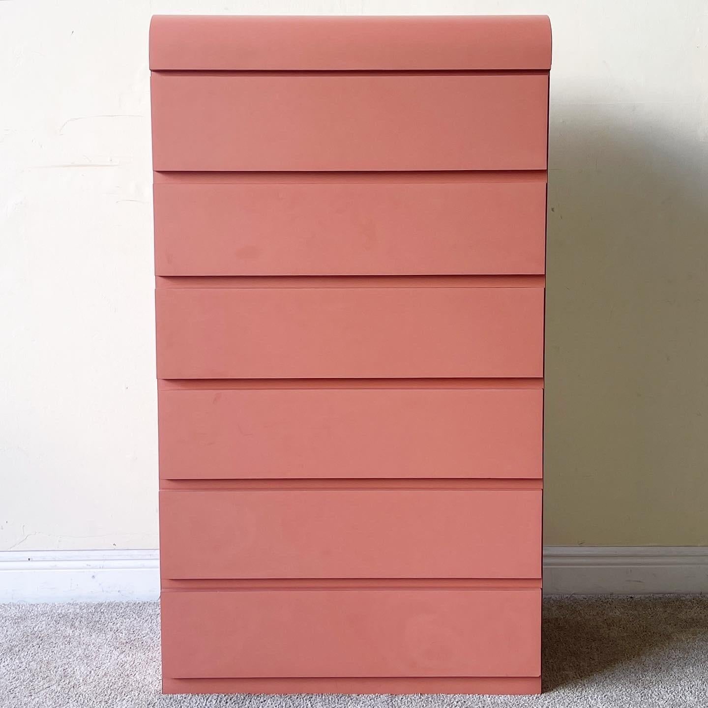 Postmodern Dark Pink Laminate Waterfall Highboy Dresser In Good Condition In Delray Beach, FL