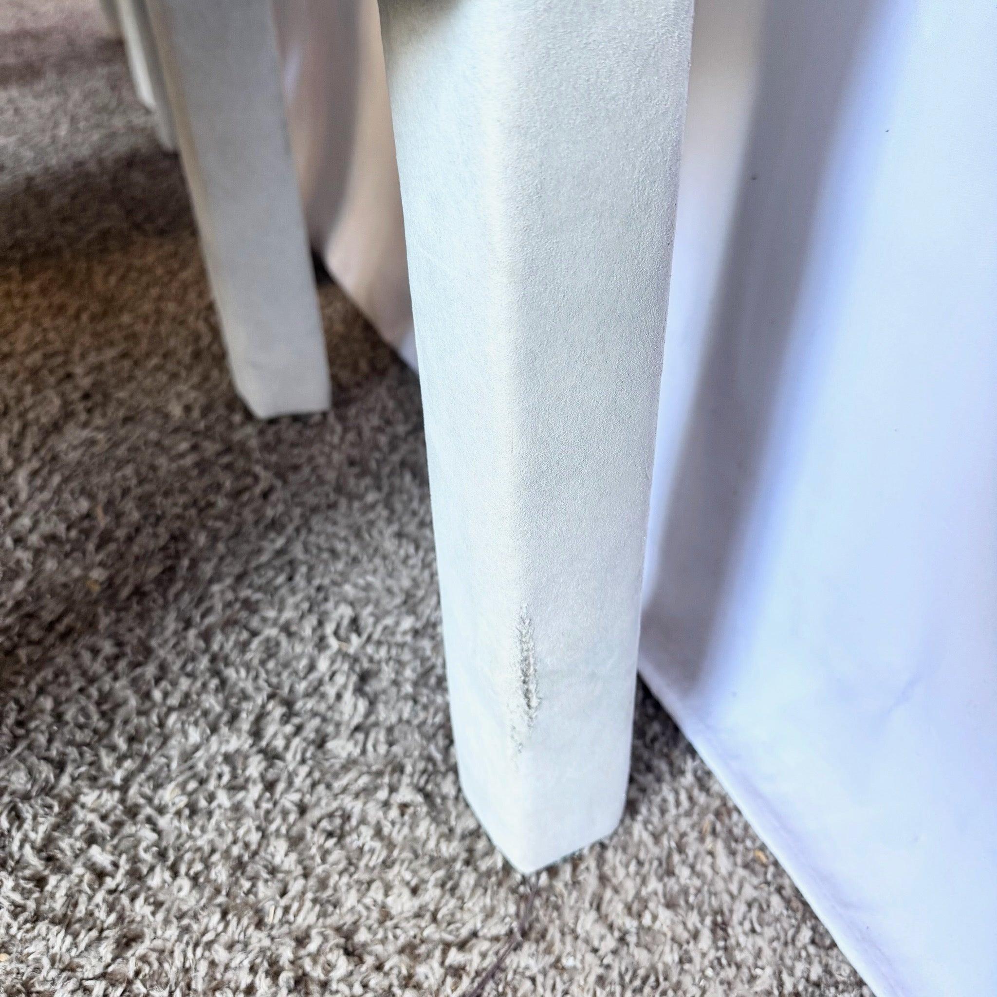 Bring elegance to dining spaces with Mint Green Parsons Dining Chairs—plush suede feel, tufted backs, and sculptural postmodern form.
 

 

 

 Some marks and wear to the fabric as can be seen in the photos. 
 

 We sell items as acquired, without
