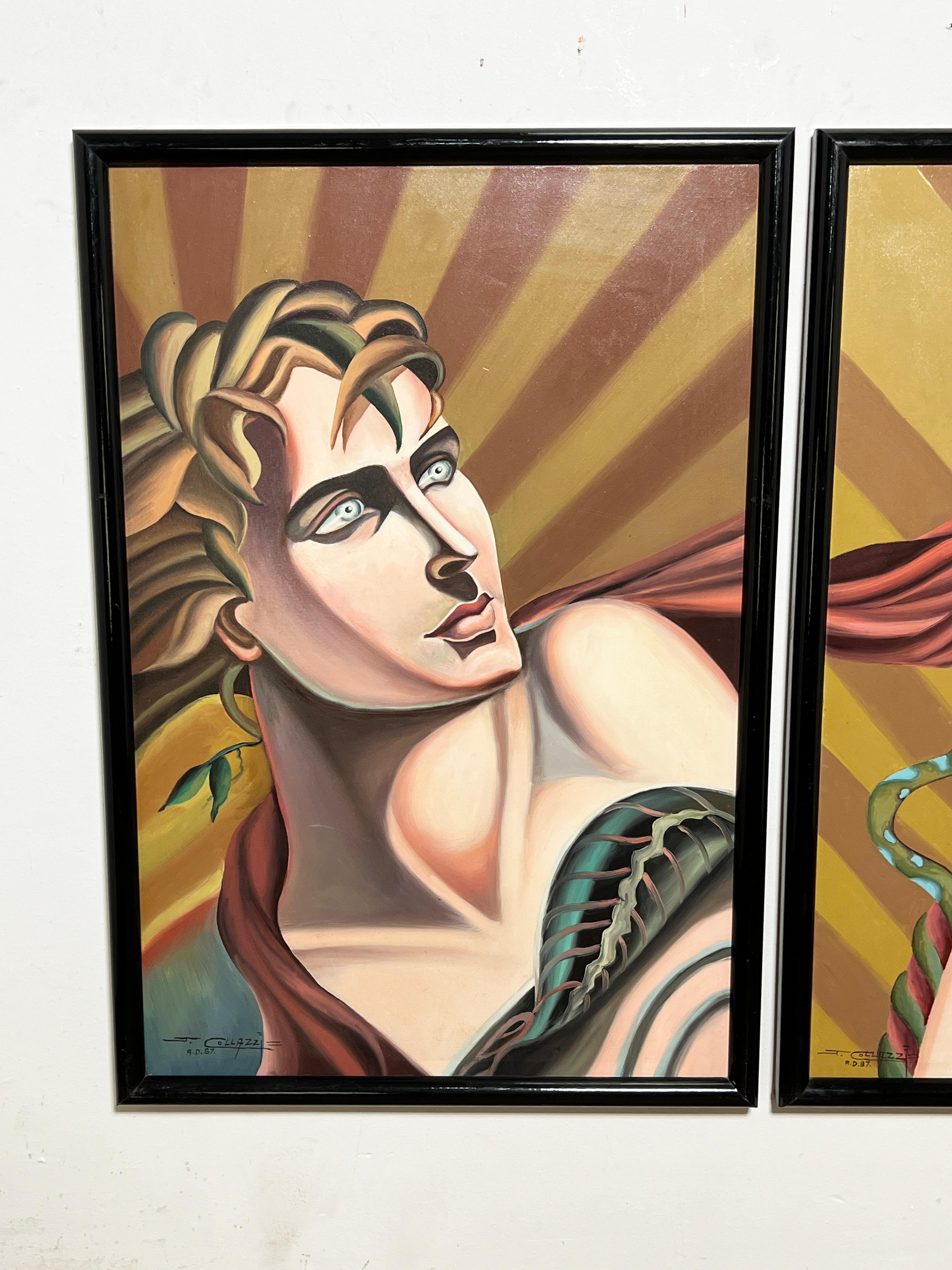 Diptychon-Gemälde von Adam und Eva in stark stilisierter Art-Deco-Manier des italienisch-amerikanischen Künstlers Joseph Collazzi (1914-1989), datiert 1987. Er begann seine Karriere in den 1930er Jahren in Italien und malte im Stil des Art déco.