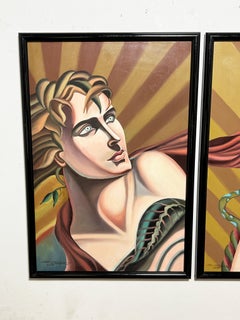 Postmodern Deco Style Adam and Eve Diptych Paintings by J. Collazzi D. 1987