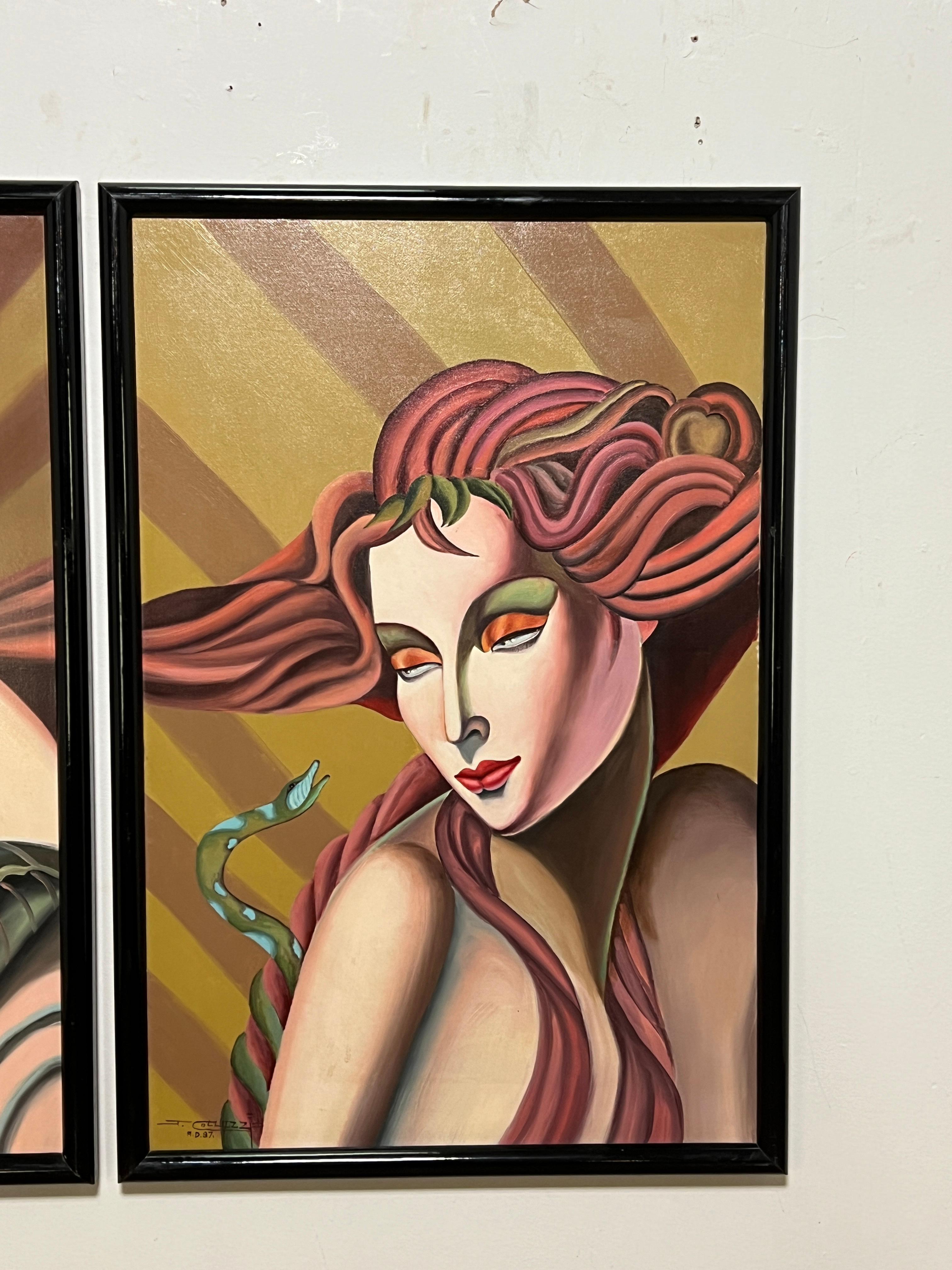 Postmodernes Diptychon im Deko-Stil Adam und Eva, Gemälde von J. Collazzi, D. 1987 (amerikanisch) im Angebot