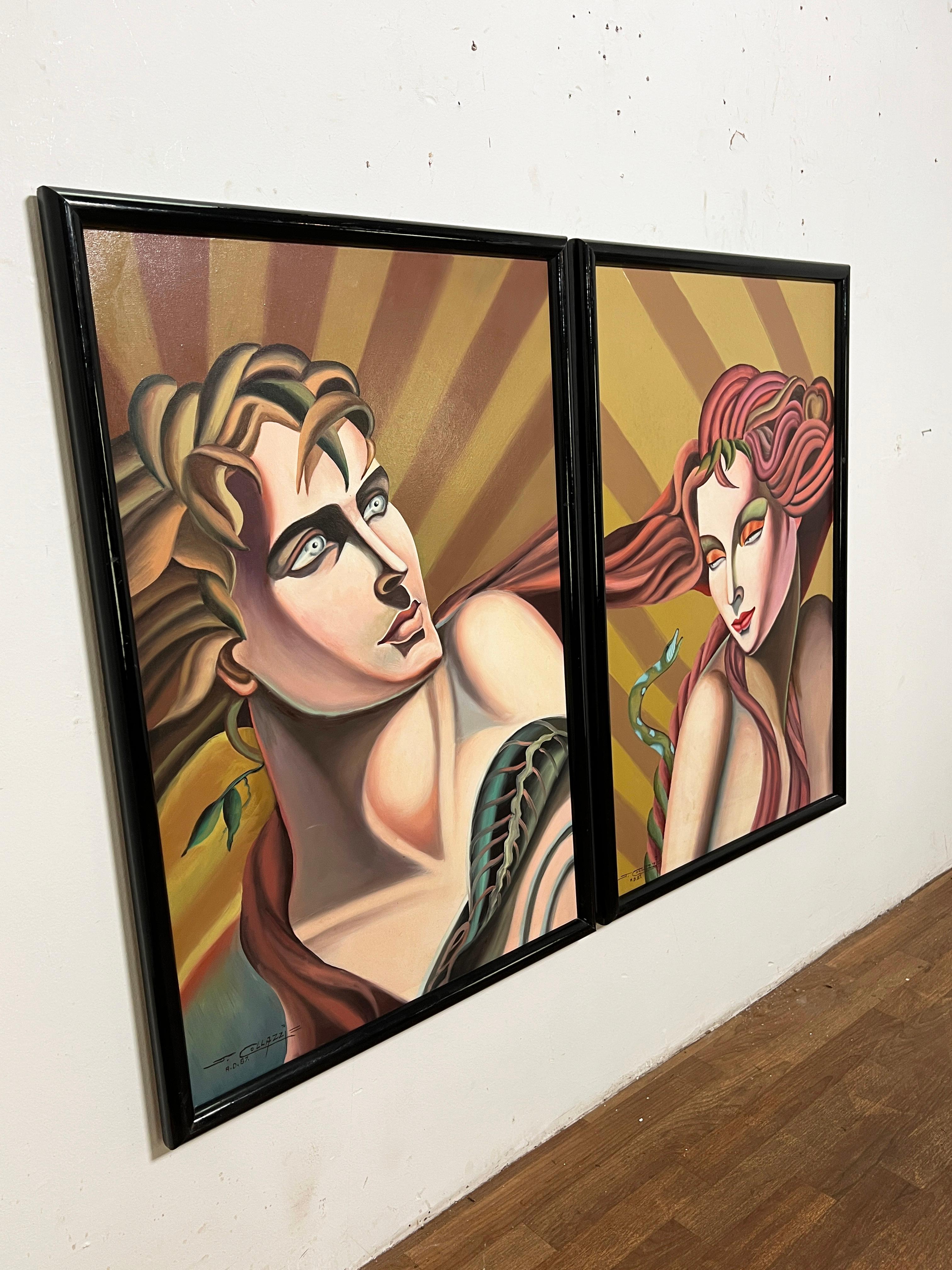 Postmodernes Diptychon im Deko-Stil Adam und Eva, Gemälde von J. Collazzi, D. 1987 (Ende des 20. Jahrhunderts) im Angebot