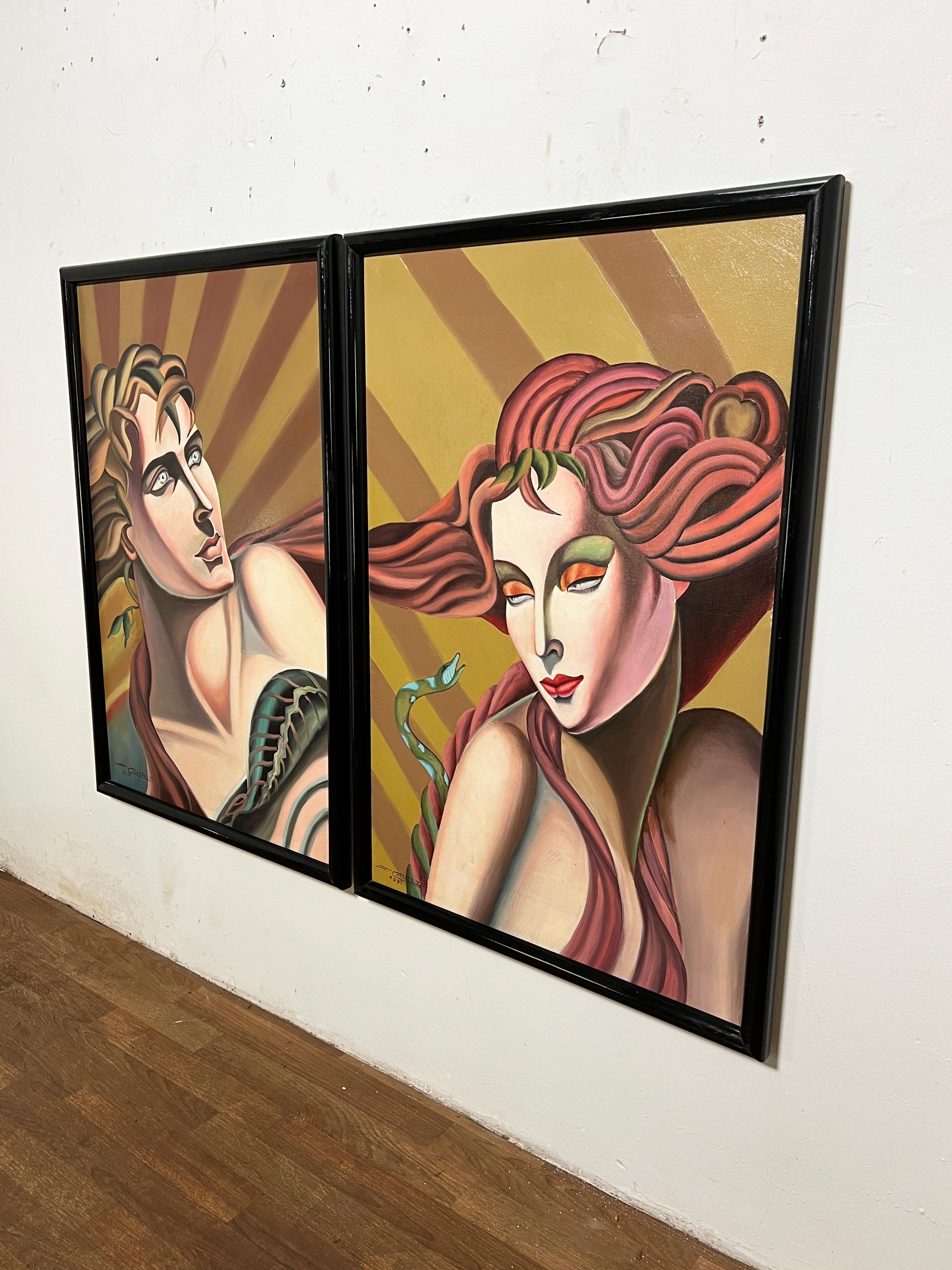 Postmodernes Diptychon im Deko-Stil Adam und Eva, Gemälde von J. Collazzi, D. 1987 (Farbe) im Angebot