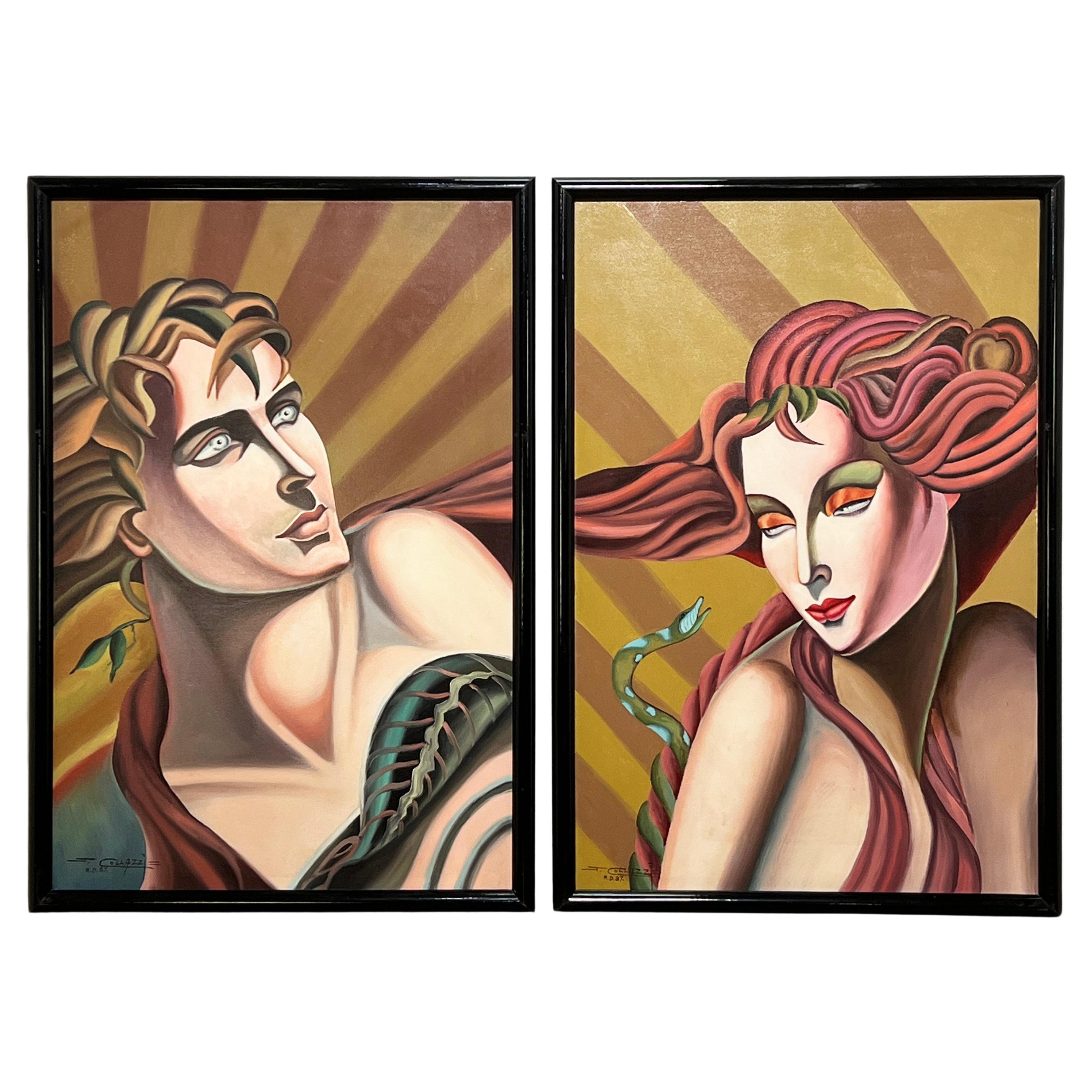 Dípticos de Adán y Eva de estilo Decó postmoderno de J. Collazzi D. 1987