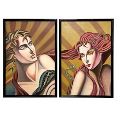 Peintures diptyques Adam et Ève de style postmoderne déco par J. Collazzi D. 1987