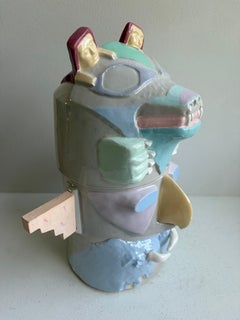 Jarrón decorativo posmoderno de cerámica «Totem» con tapa, EE. UU., década de los 80